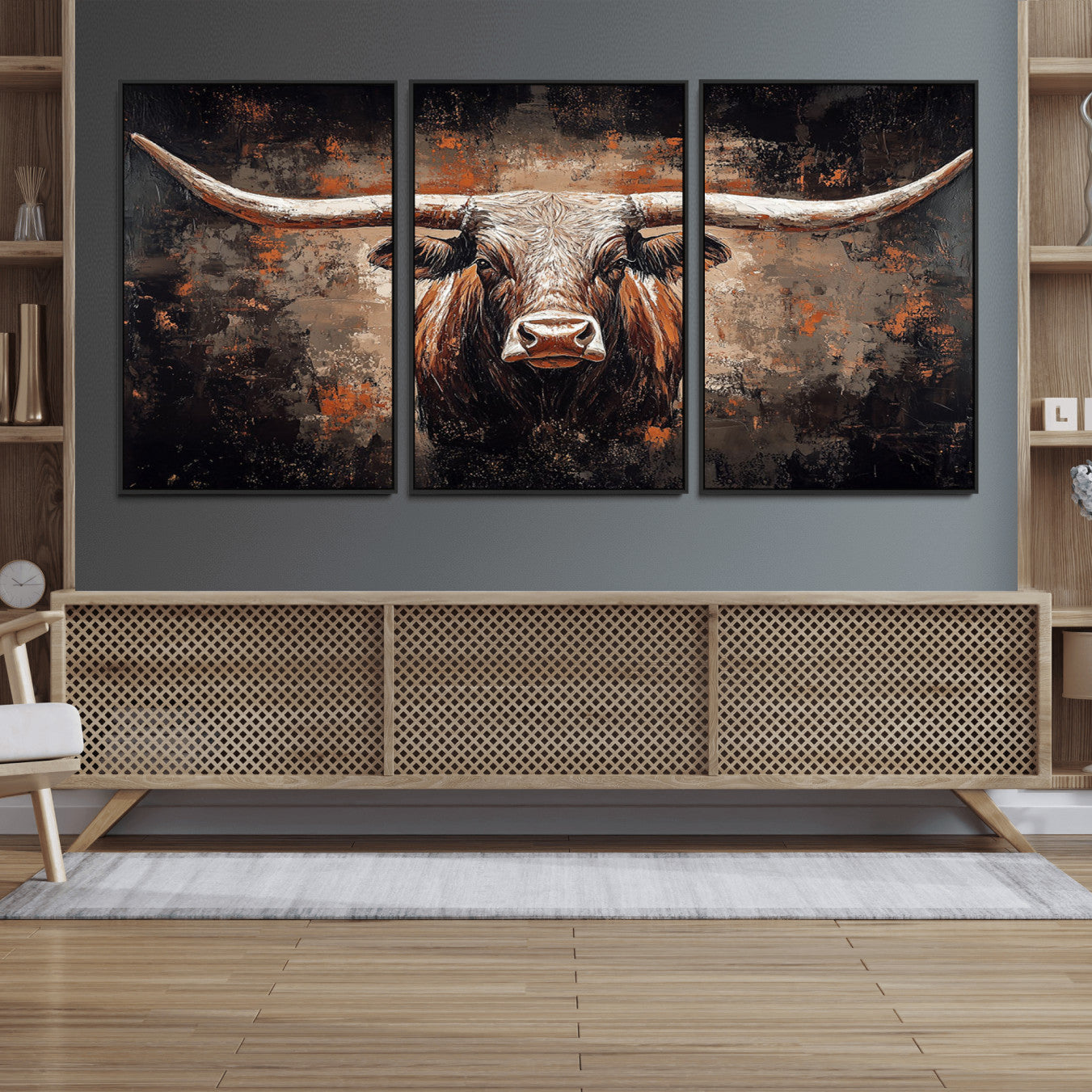 24779067-MGV-FC-60X30-3P_Black-Rustic Longhorn Bull Wall Art Canvas Print – Vintage Western Cattle Scene, Texas Steer Artwork for Home, Office