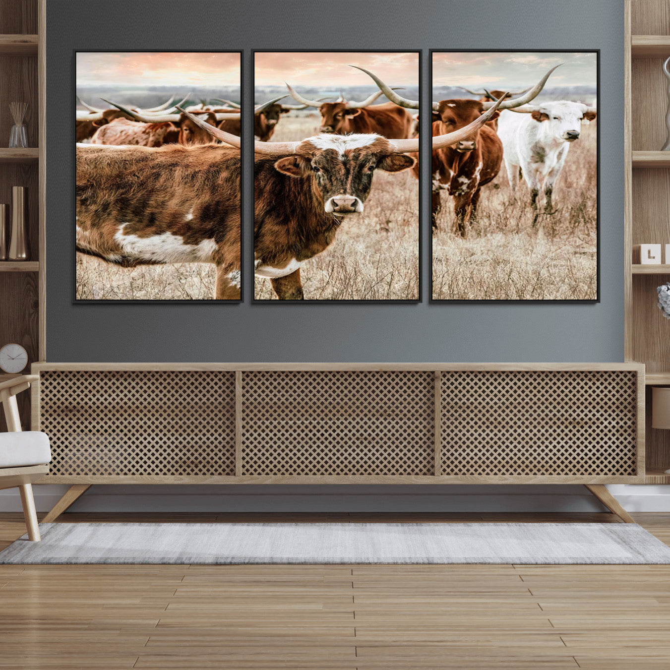 47758300-MGV-FC-60X30-3P_Black-Texas Longhorn Cattle Wall Art Canvas Print – Rustic Western Ranch Scene with Steers Sunset for Home, Office