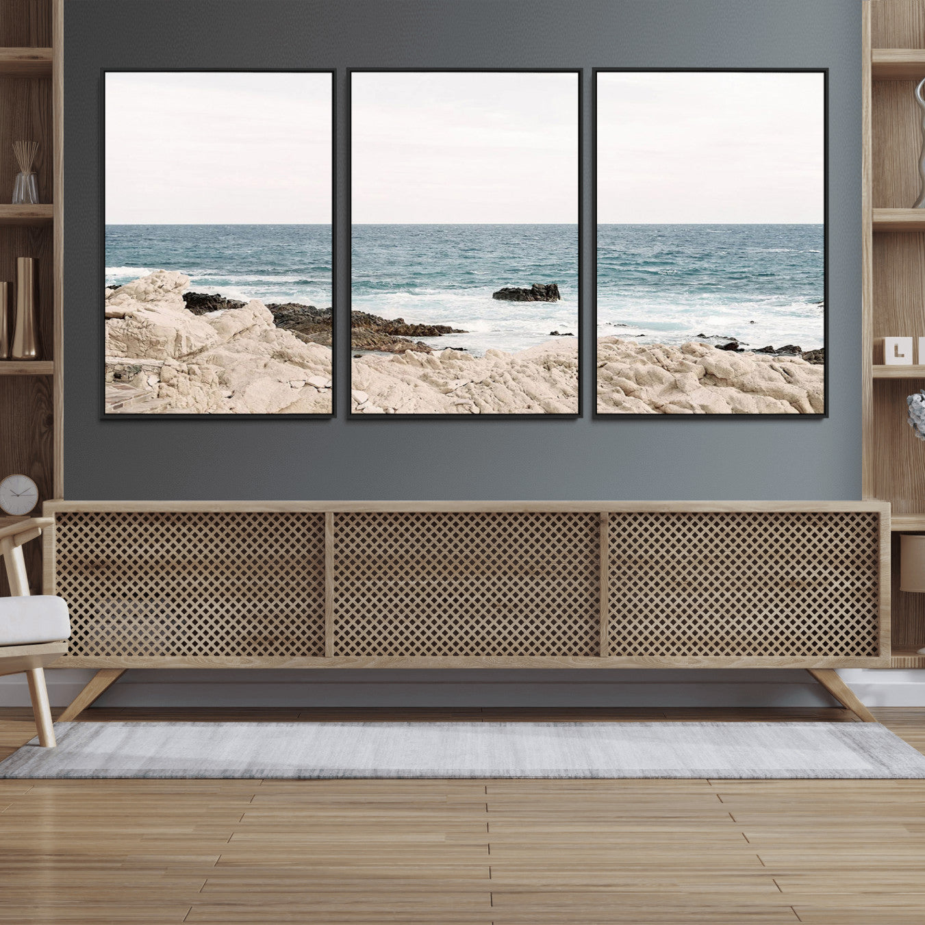 25481980-MGV-FC-60X30-3P_Black-Coastal Ocean View Wall Art Canvas Print – Serene Rocky Shoreline and Blue Sea Photography for Home, Office