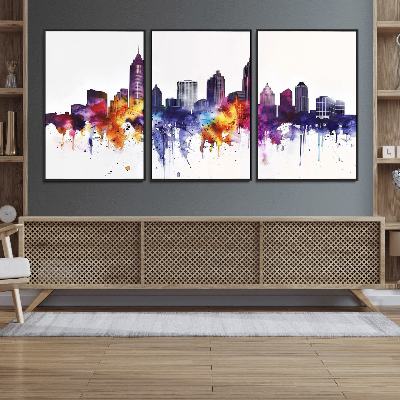 34479880-MGV-FC-60X30-3P_Black-Atlanta Skyline Wall Art Canvas Print – Framed Colorful Watercolor Cityscape Artwork for Home, Office, Living Room