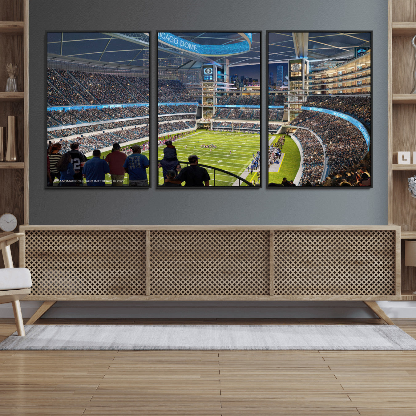 41816511-MGV-FC-60X30-3P_Black-Chicago Dome Stadium Wall Art Canvas Print – Framed Modern Football Arena City Skyline Artwork for Home, Office