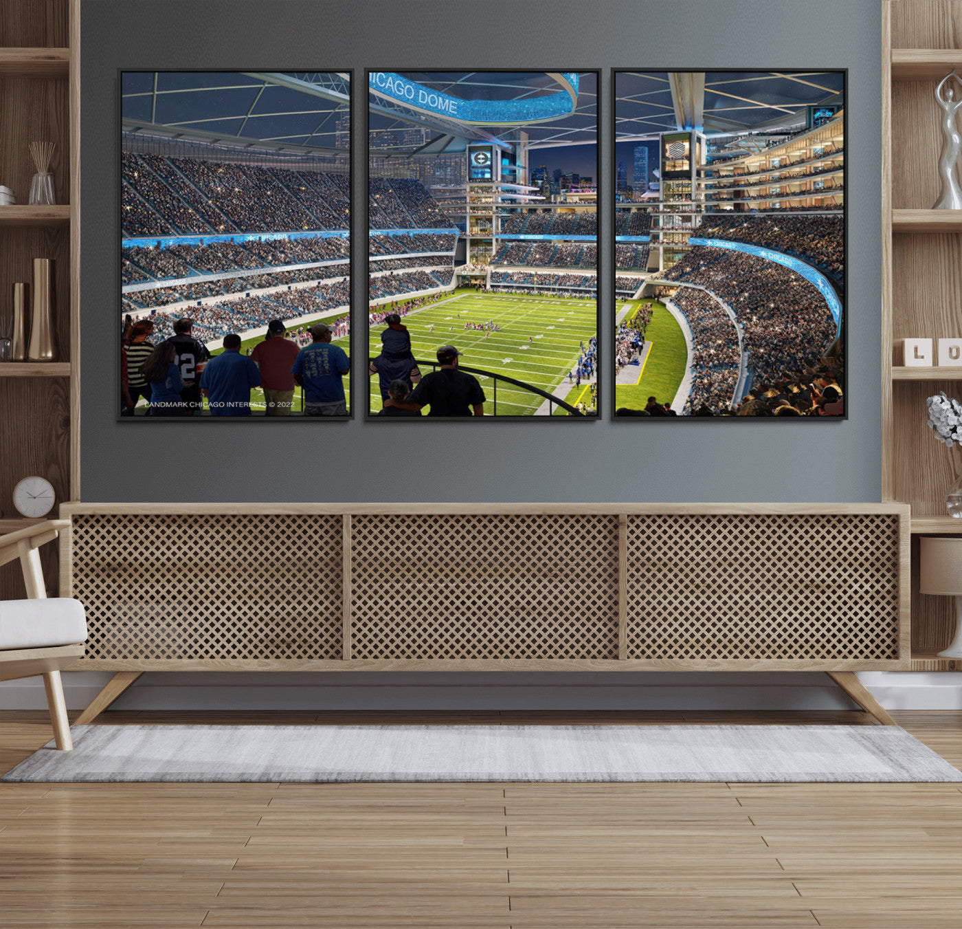 41816511-MGV-FC-60X30-3P_Black-Chicago Dome Stadium Wall Art Canvas Print – Framed Modern Football Arena City Skyline Artwork for Home, Office