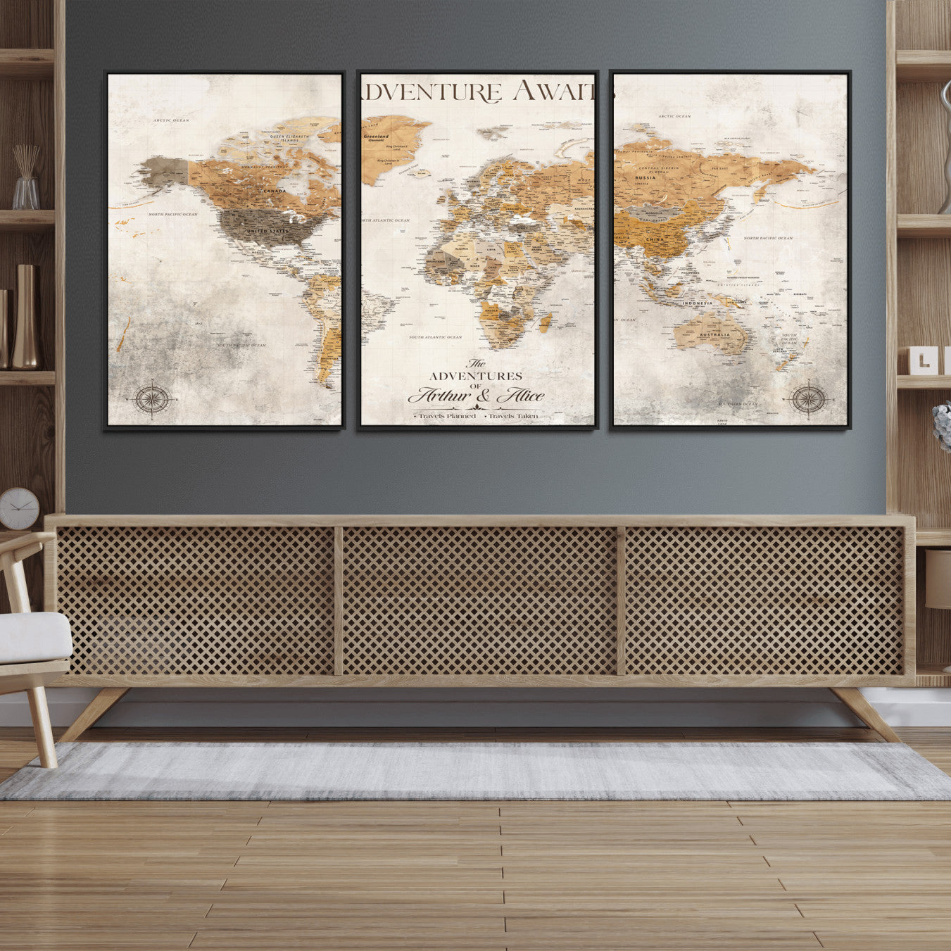 Rehber01-MGV-CV-36X24-Personalized World Map Canvas Print – Custom Push Pin Travel Map Vintage Neutral Style Gift for Couples Travelers for Home Office