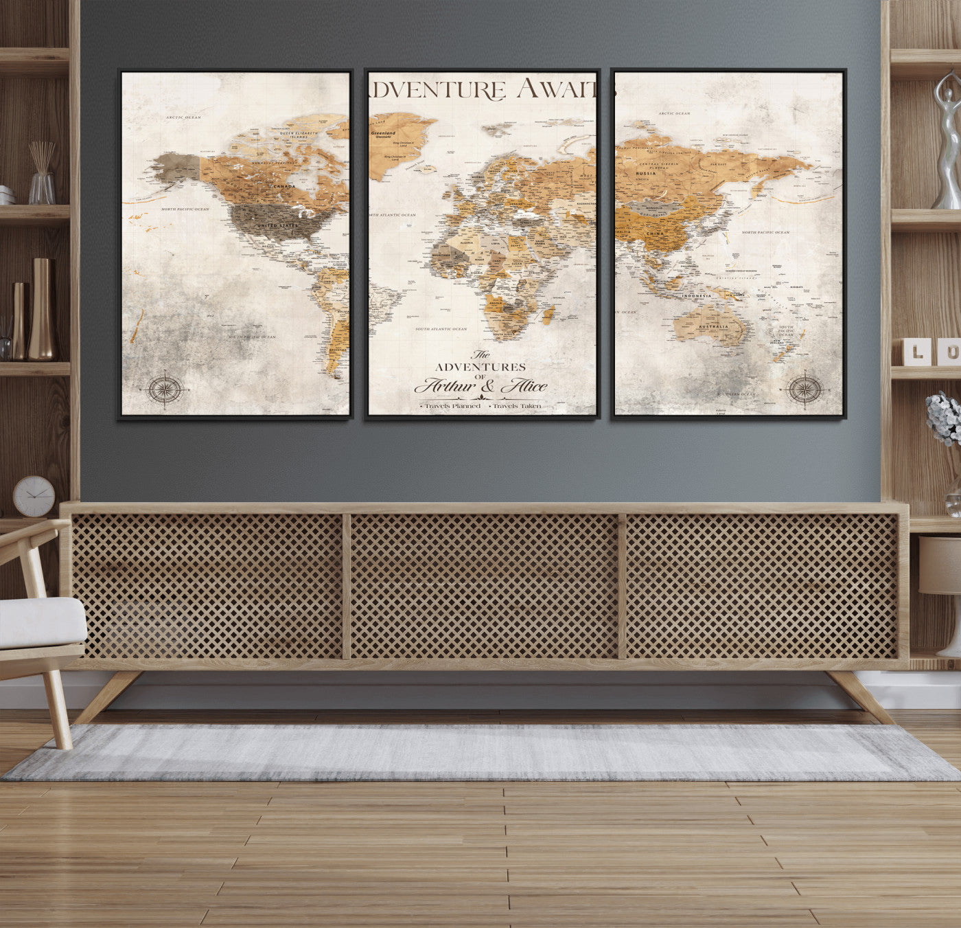 Rehber01-MGV-CV-36X24-Personalized World Map Canvas Print – Custom Push Pin Travel Map Vintage Neutral Style Gift for Couples Travelers for Home Office