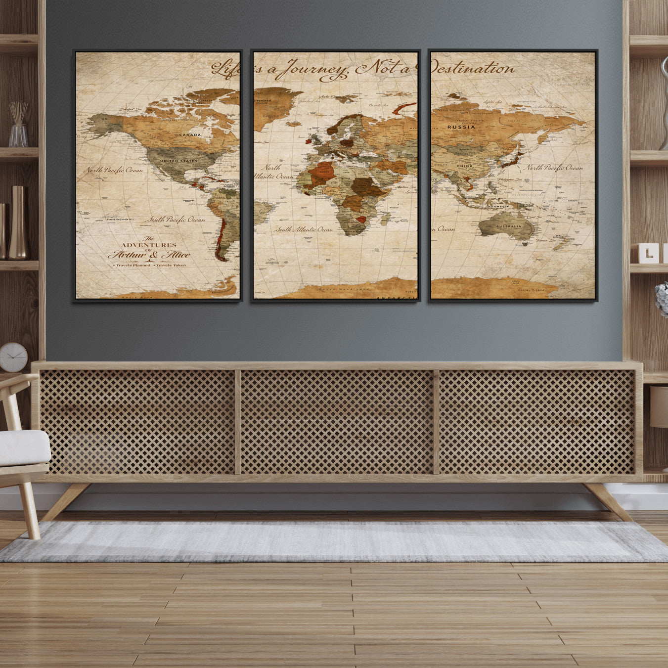 Rehber01-MGV-CV-36X24-Personalized Vintage World Map Canvas – Custom Framed Push Pin Travel Map Wall Art, Rustic Gift for Couples and Travel Lovers