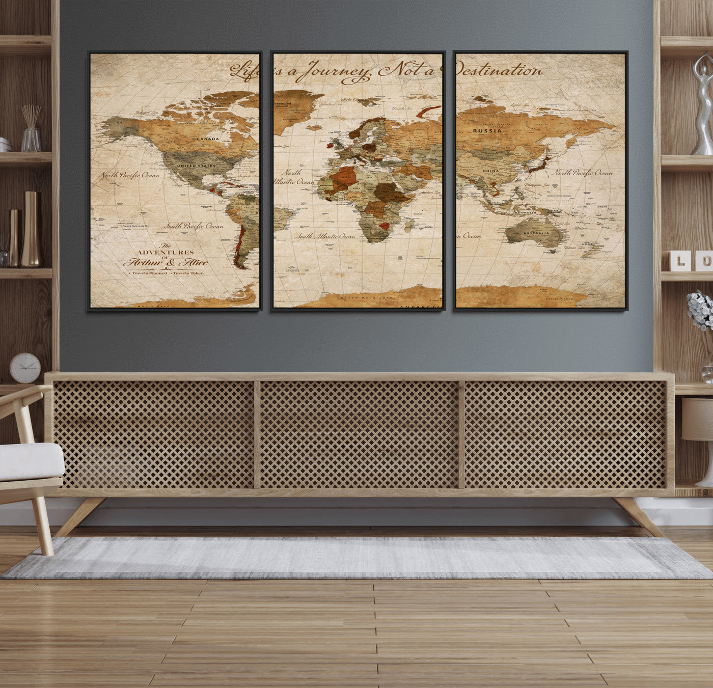 Rehber01-MGV-CV-36X24-Personalized Vintage World Map Canvas – Custom Framed Push Pin Travel Map Wall Art, Rustic Gift for Couples and Travel Lovers