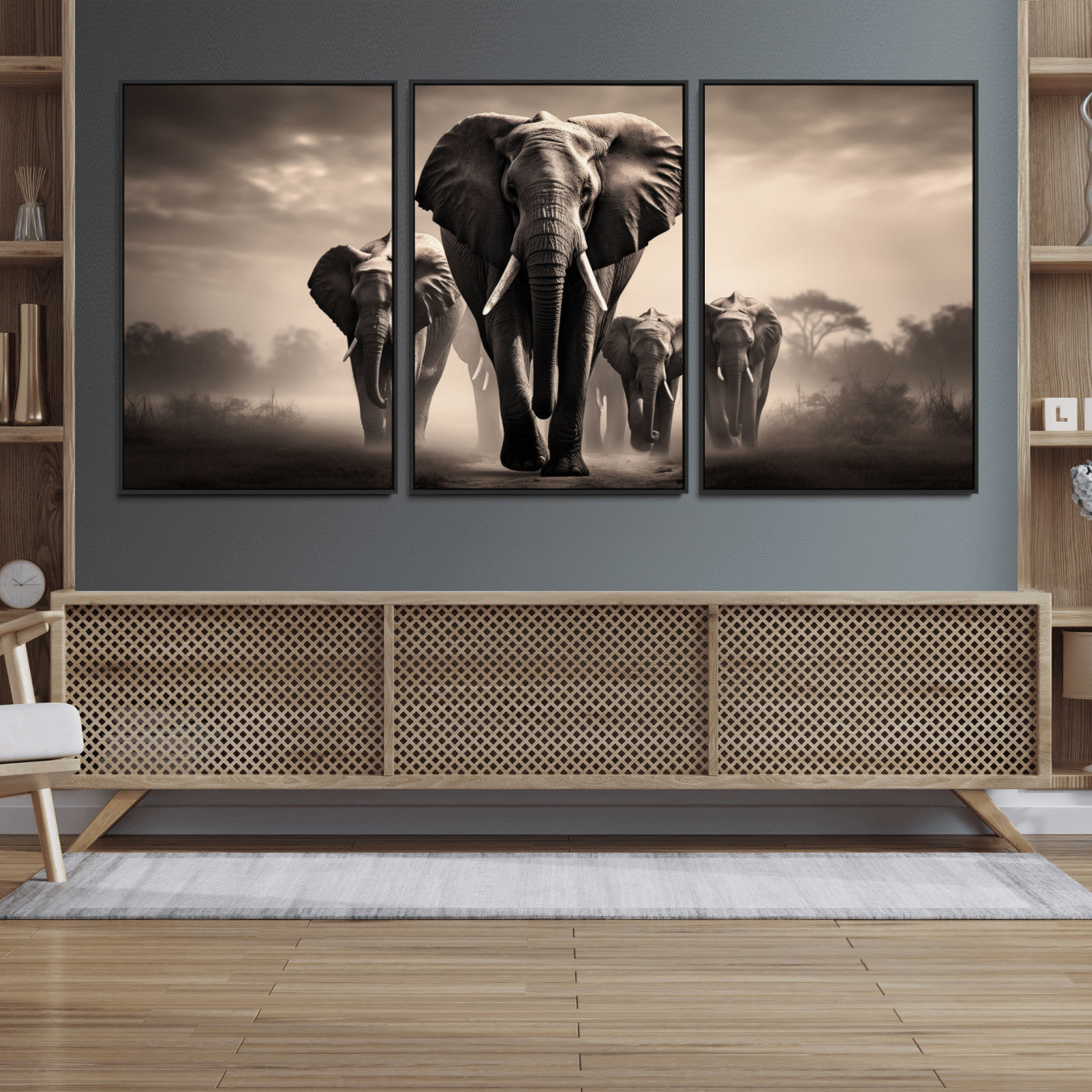 48598F10-MGV-FC-60X30-3P_Black-Elephant Family Wall Art Canvas Print, Framed Elephant Wall Art Home Decor