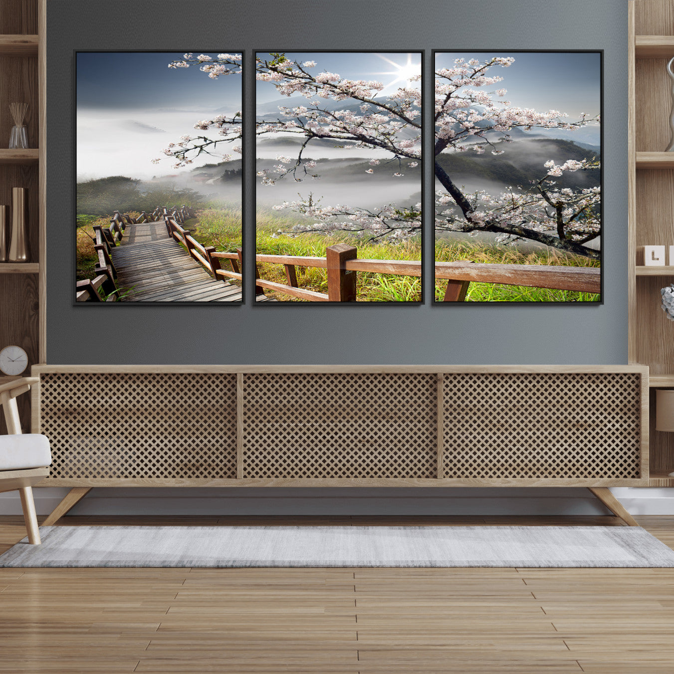 34632598CRY-MGV-FP-36X24-3P_Black-Sakura Cherry Blossom Pathway Canvas Wall Art – Tranquil Walk Through Blossoming Nature – Ready to