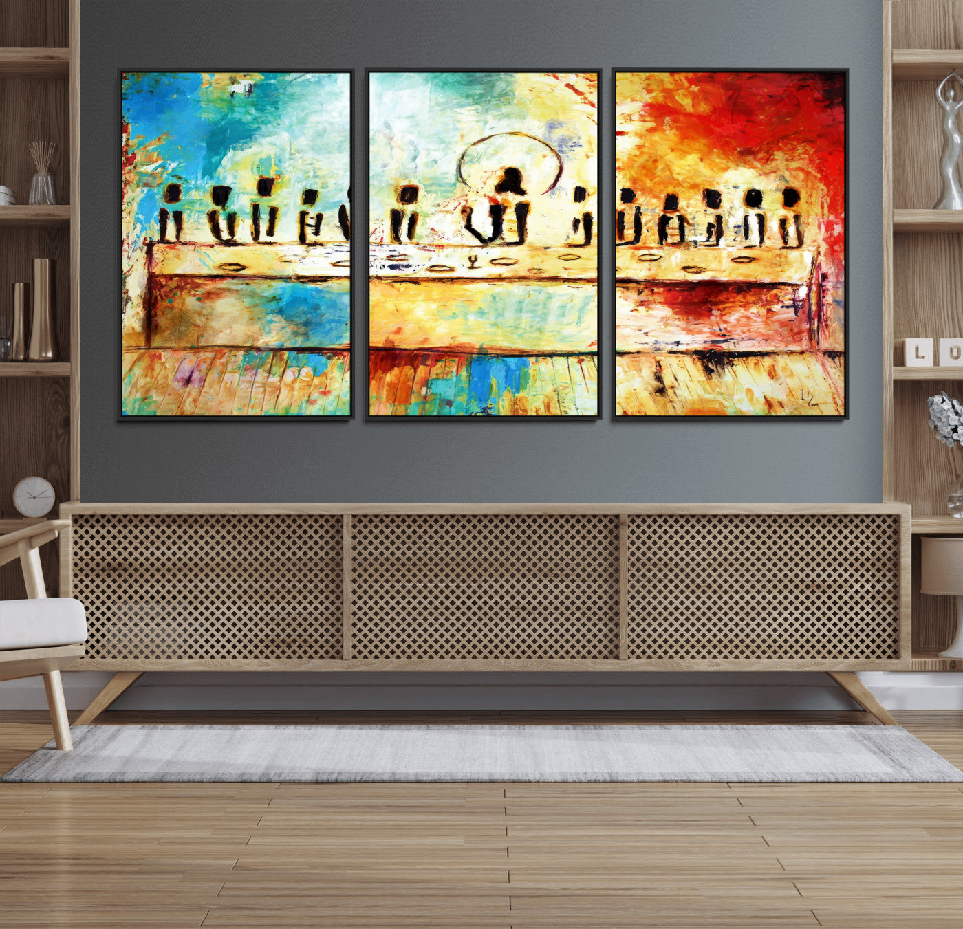 YKE34632598CR-MGV-FC-60X30-3P_Black-Abstract Last Supper Wall Art Canvas Print – Apostles Gathering Modern Spiritual Colorful Artwork for home, office
