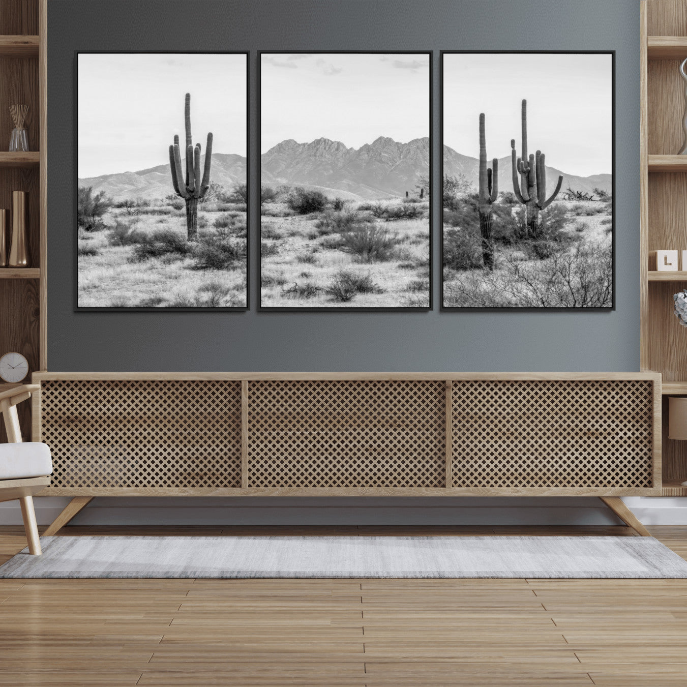 97436PHN-MGV-FC-60X30-3P_Black-Black White Arizona Desert Canvas Wall Art Cactus Farmhouse Wall Art