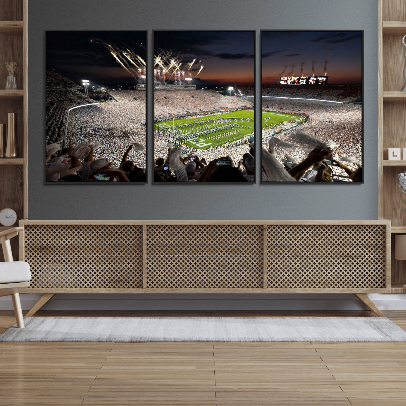 26666-MGV-FC-60X30-3P_Black-Penn State Stadium Wall Art Canvas Print – White Out Football Game Framed Sports Stadium Artwork for Home, Office