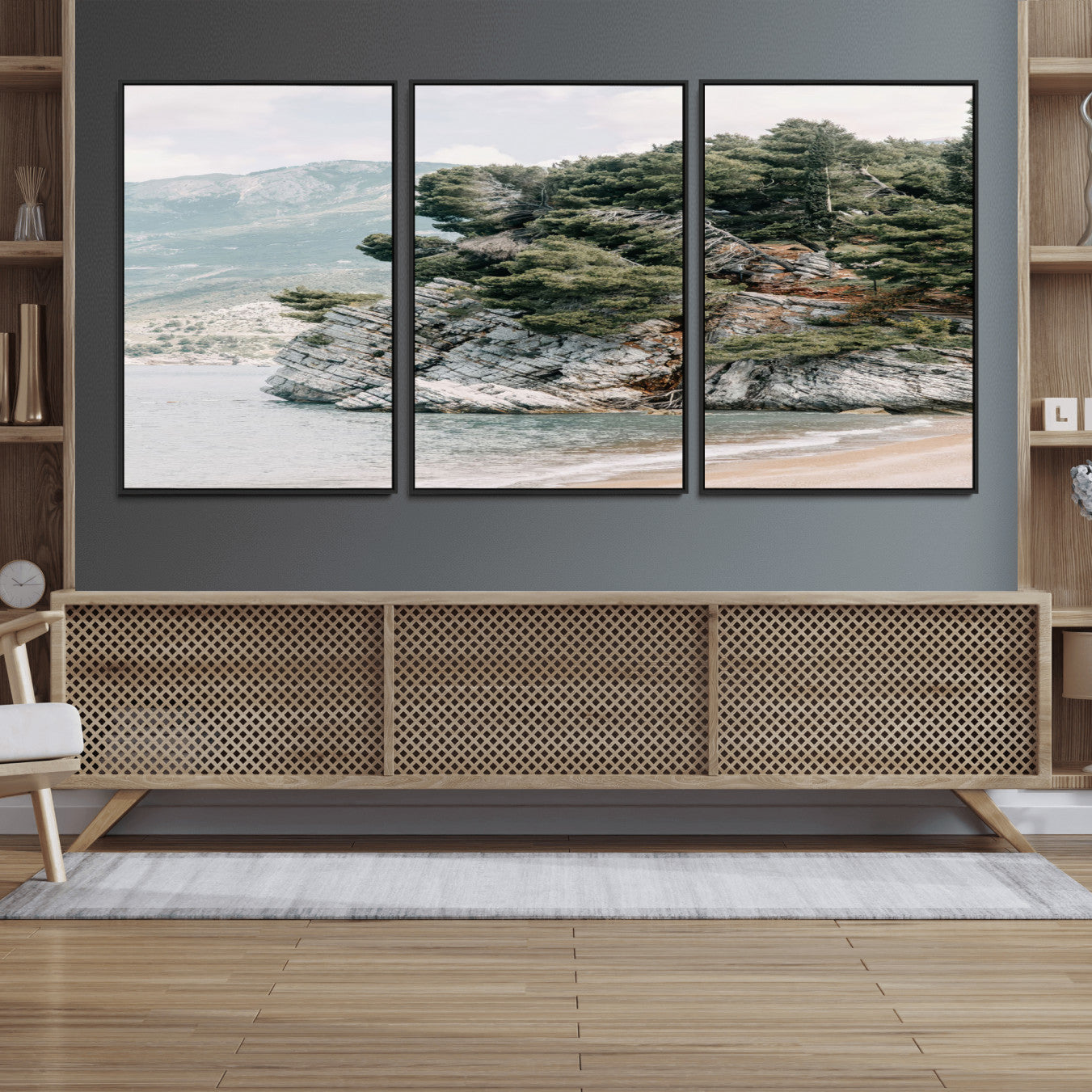 MGV-FC-60X30-3P - Coastal Rock Canvas Wall Art Print, Scenic Beach Landscape, Pine Trees on Rocky Cliff, Large Nature