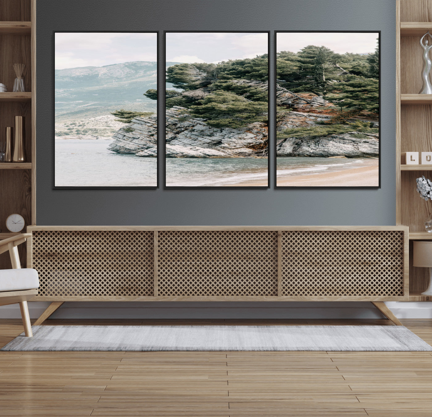 MGV-FC-60X30-3P - Coastal Rock Canvas Wall Art Print, Scenic Beach Landscape, Pine Trees on Rocky Cliff, Large Nature