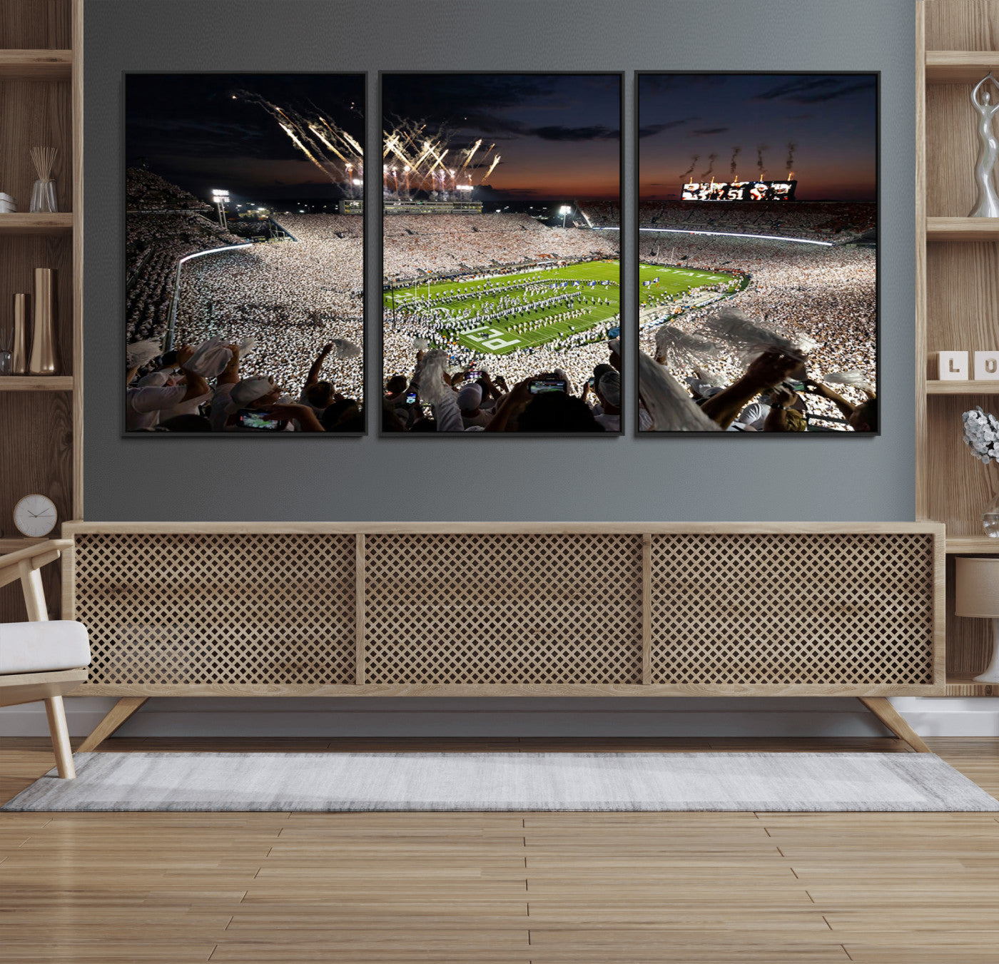 11221988-MGV-FC-60X30-3P - Epic Night Football Stadium Wall Art Canvas Print, Fireworks and Crowd Energy Game Day Excitement Decor for Home, Office