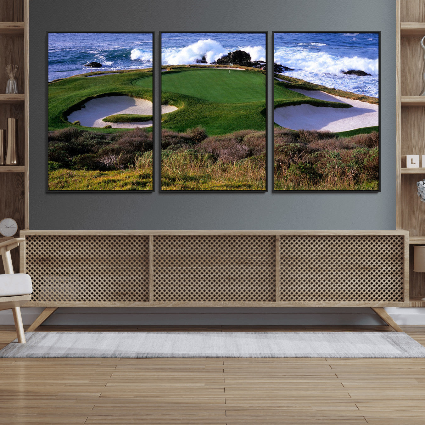 22776914-MGV-FC-60X30-3P_Black-Ocean Cliff Golf Green Canvas Print – Framed Majestic Coastal Scene with Lush Green Artwork for Home, Office