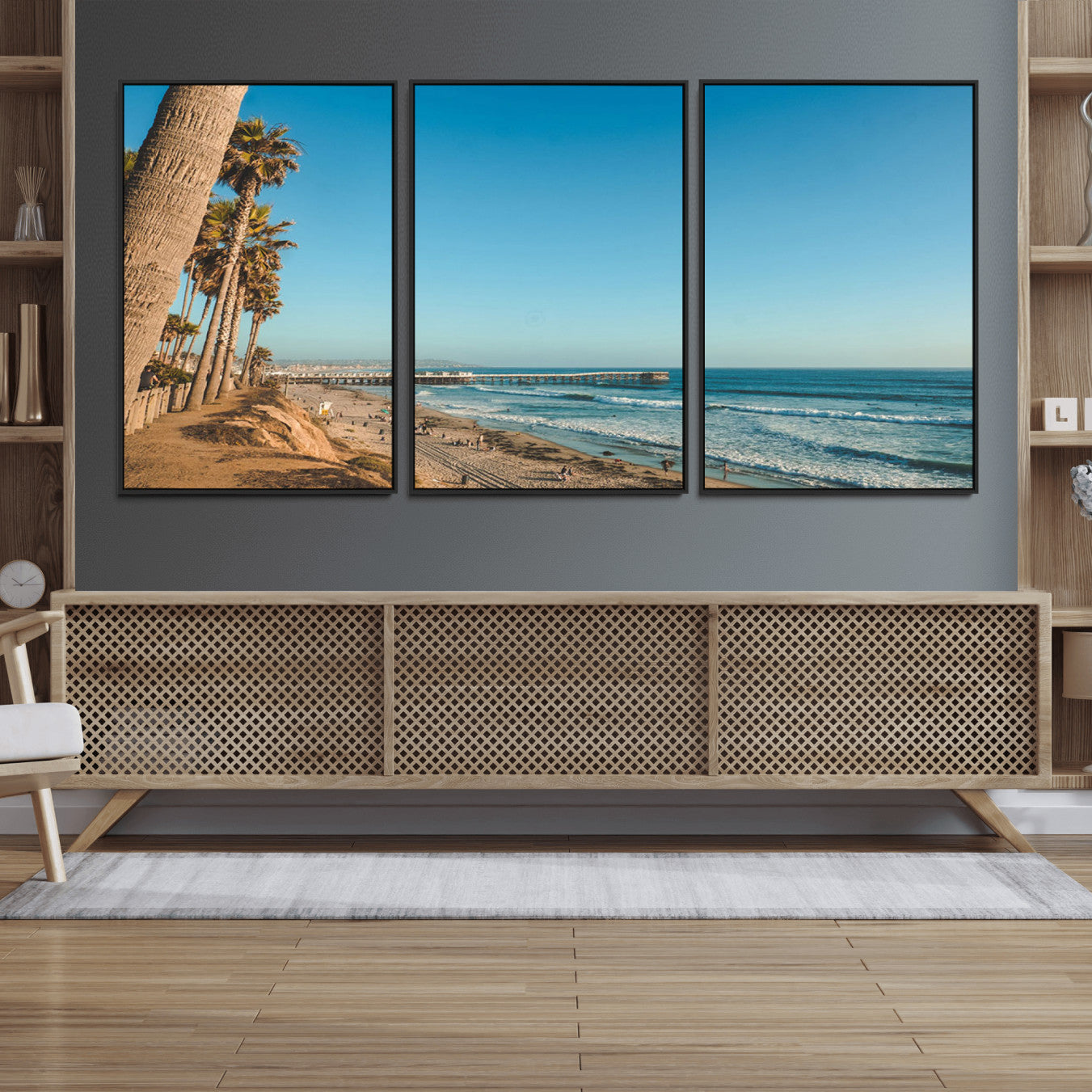 92568259-MGV-FC-60X30-3P_Black-Scenic Beach Wall Art Canvas Print – Tall Palm Trees, Sandy Shore, Long Pier Stretching into Calm Ocean Artwork for Home, Office