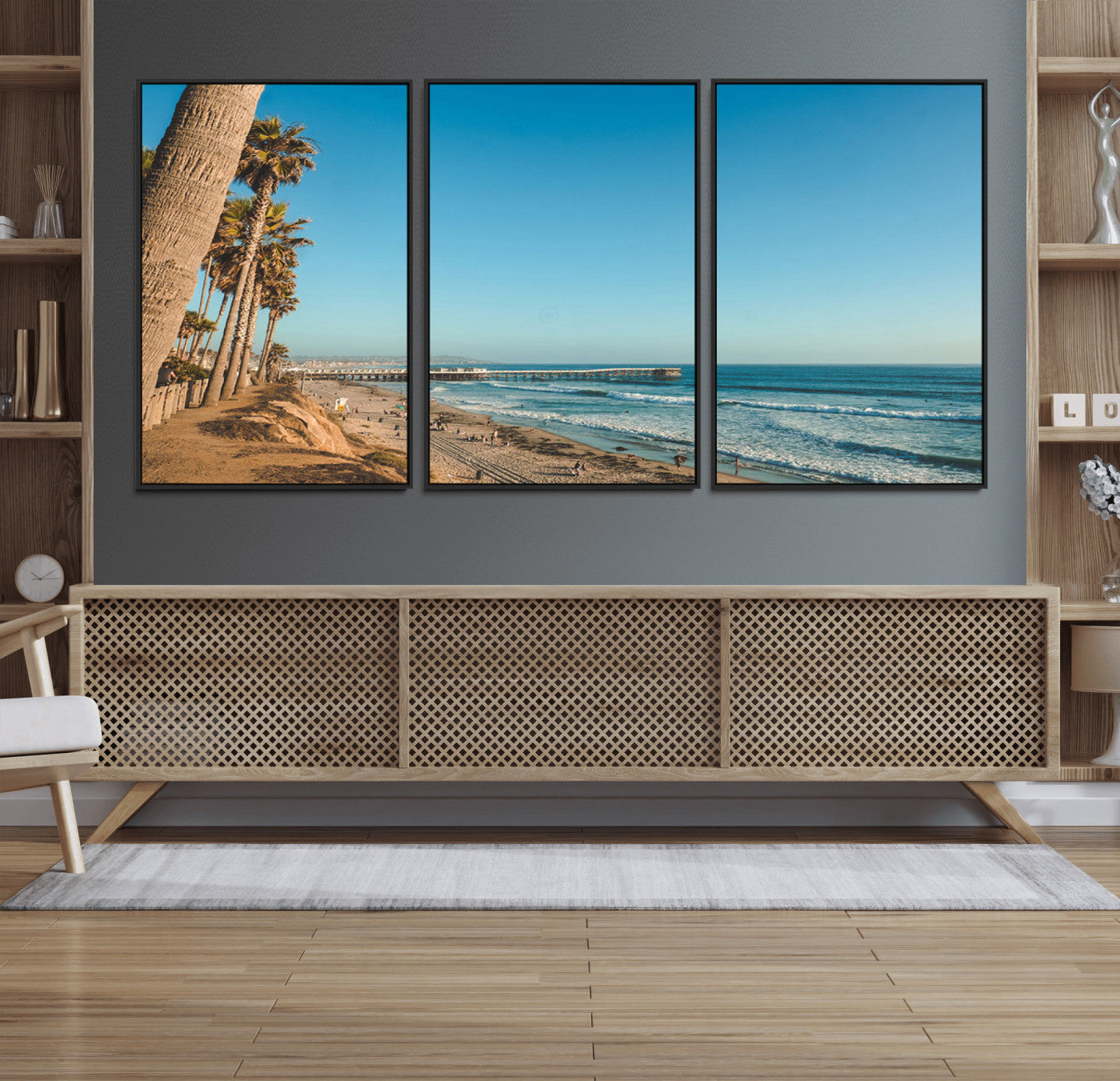 92568259-MGV-FC-60X30-3P_Black-Scenic Beach Wall Art Canvas Print – Tall Palm Trees, Sandy Shore, Long Pier Stretching into Calm Ocean Artwork for Home, Office