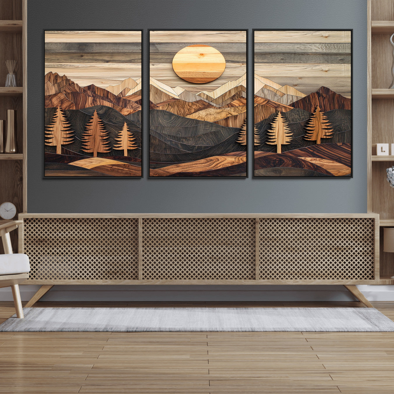 MGV-FC-60X30-3P - Wooden Mountain Layers Canvas Wall Art – Rustic Pine Tree Landscape with Sunlight Artistic Nature
