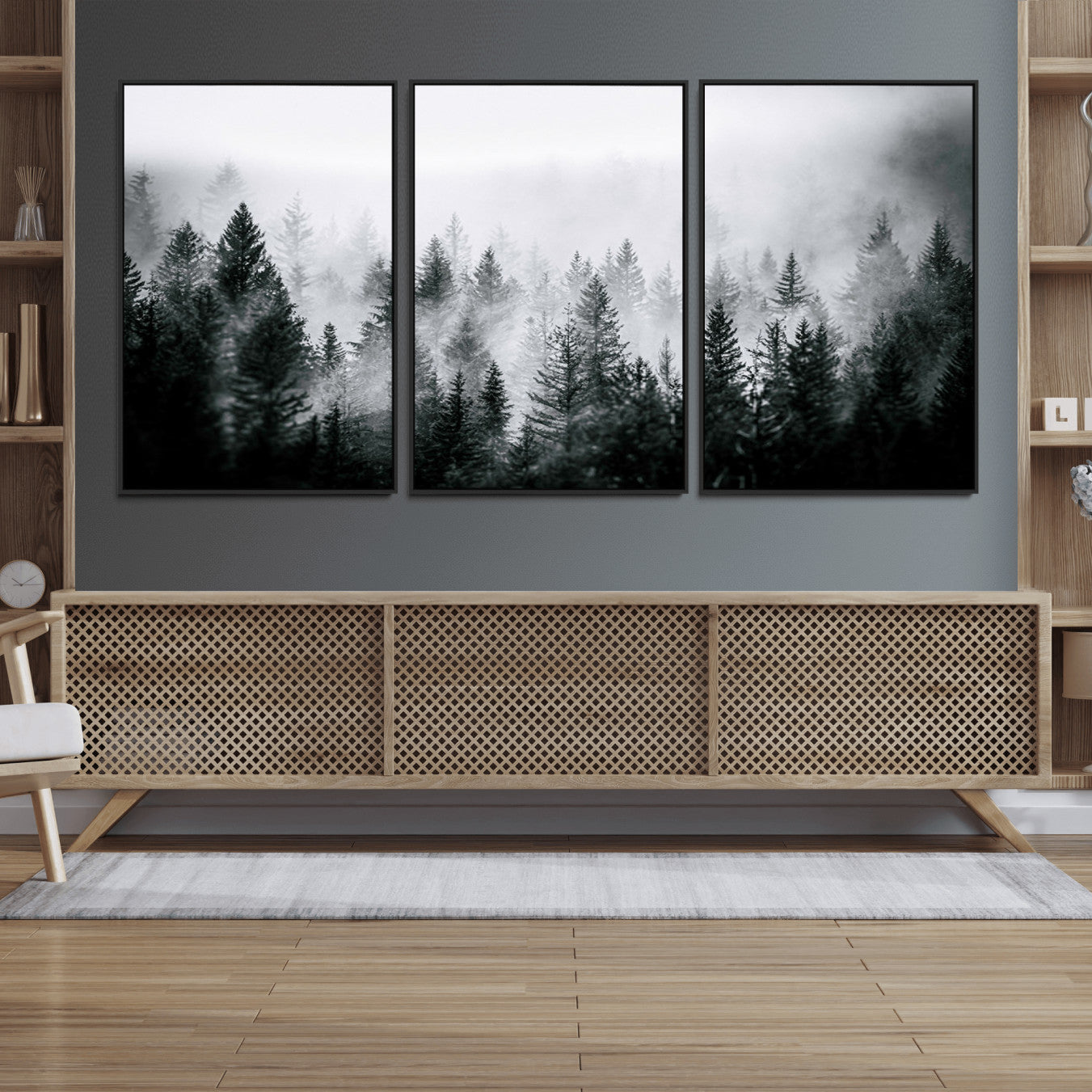 MGV-FC-60X30-3P - Foggy Pine Forest Canvas Wall Art – Black and White Nature Landscape Print, Horizontal Canvas for