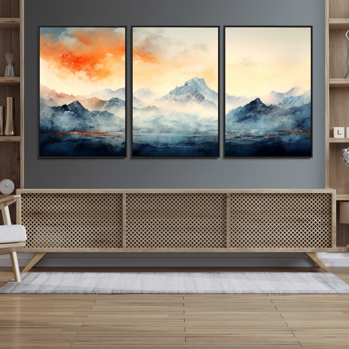 WRM1005-MGV-FC-60X30-3P - Warm Clouds Abstract Mountain Wall Art, Modern Landscape Canvas Print, Minimal Framed Artwork for Home, Office