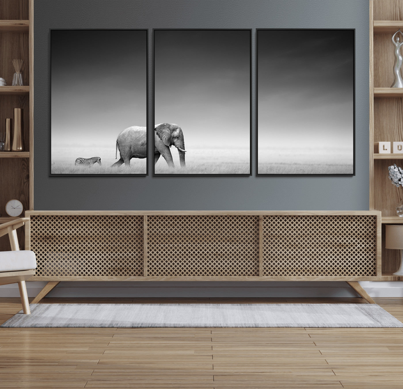 87639-MGV-FC-60X30-3P_Black-Elephand and Zebra Wall Art Canvas Print, Modern Artwork