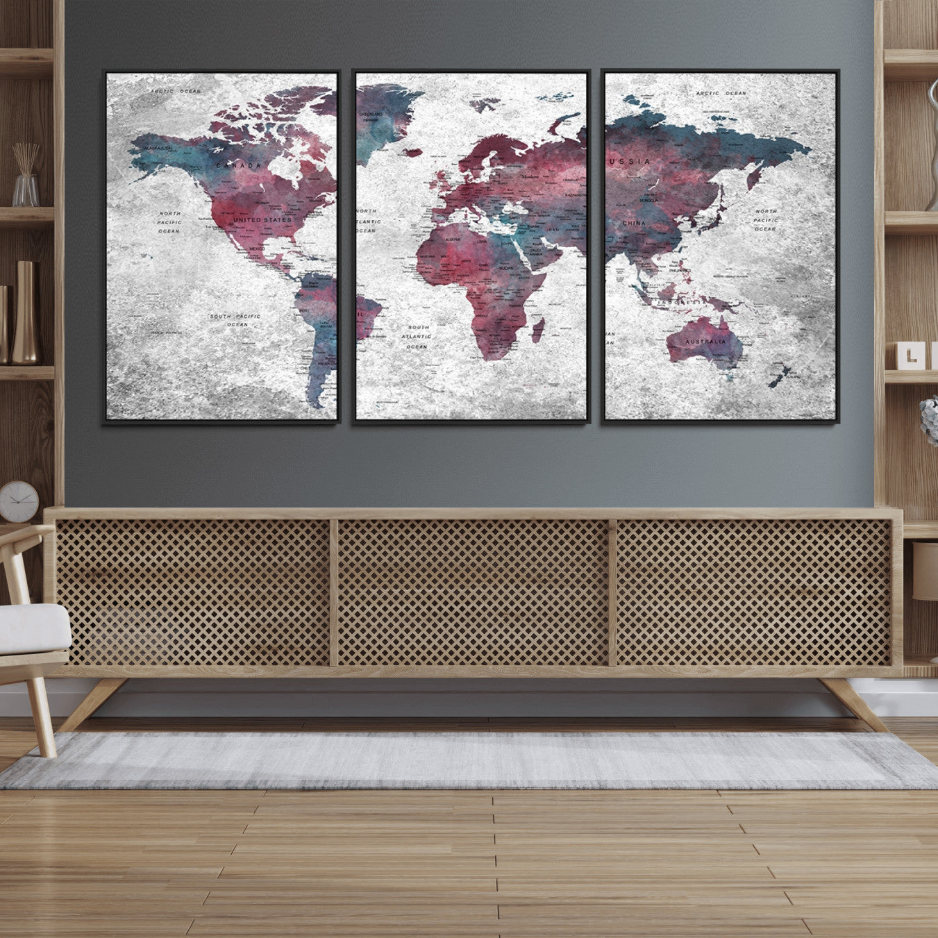 38212-MGV-FC-60X30-3P_Black-Modern Red and Gray World Map Canvas Print – Framed Push Pin Wall Art for Couples, Contemporary Travel Map Artwork for Home and Office Decor