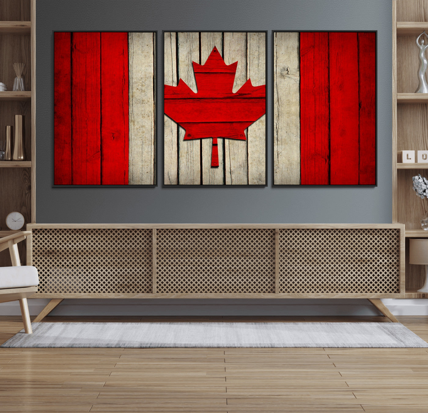 -Rustic Canada Flag Wall Art – Framed Canadian Flag Canvas Print, Vintage Wood Texture Home or Office Decor