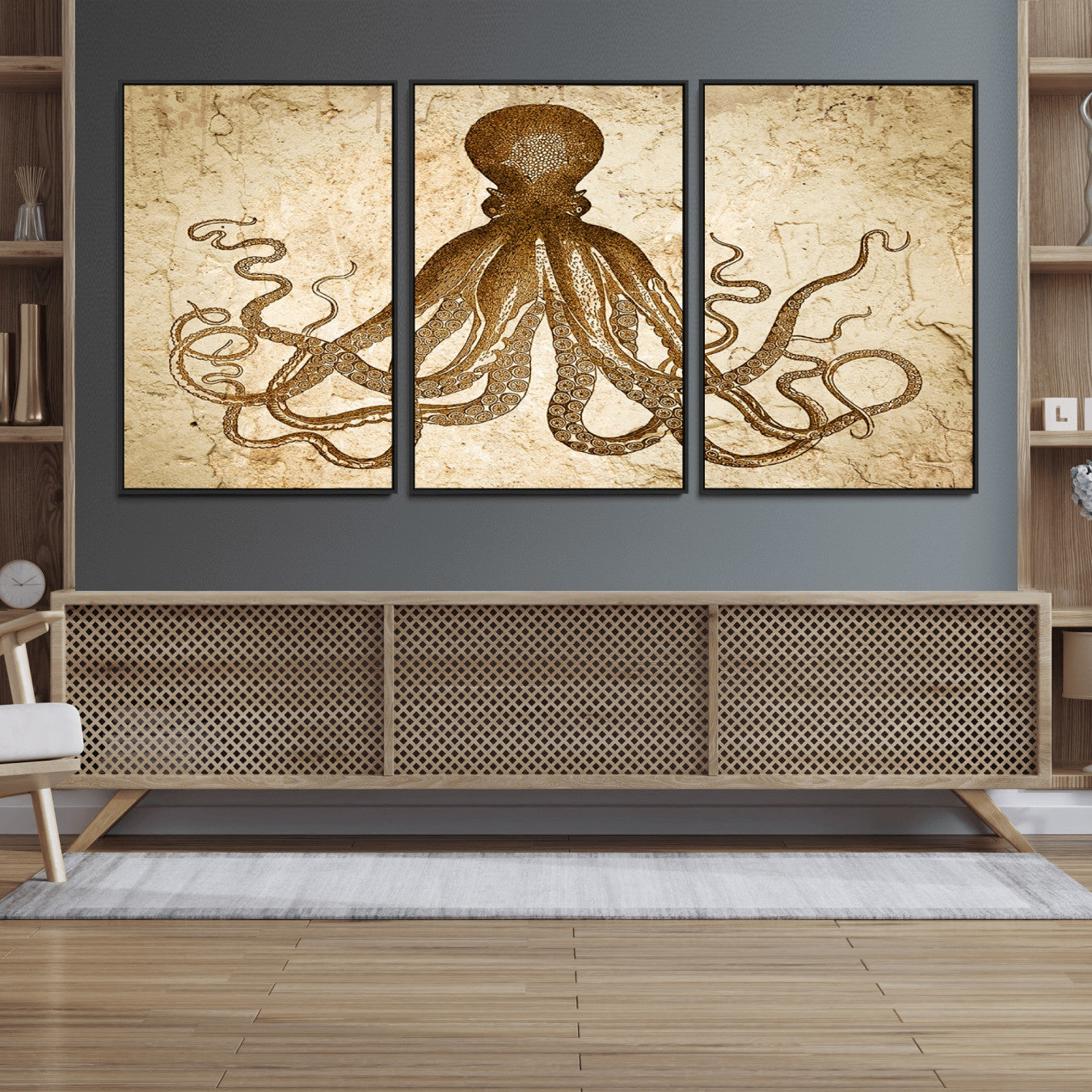 96154-MGV-FC-60X30-3P_Black-Sepia Octopus Wall Art Abstract Animal Canvas Print