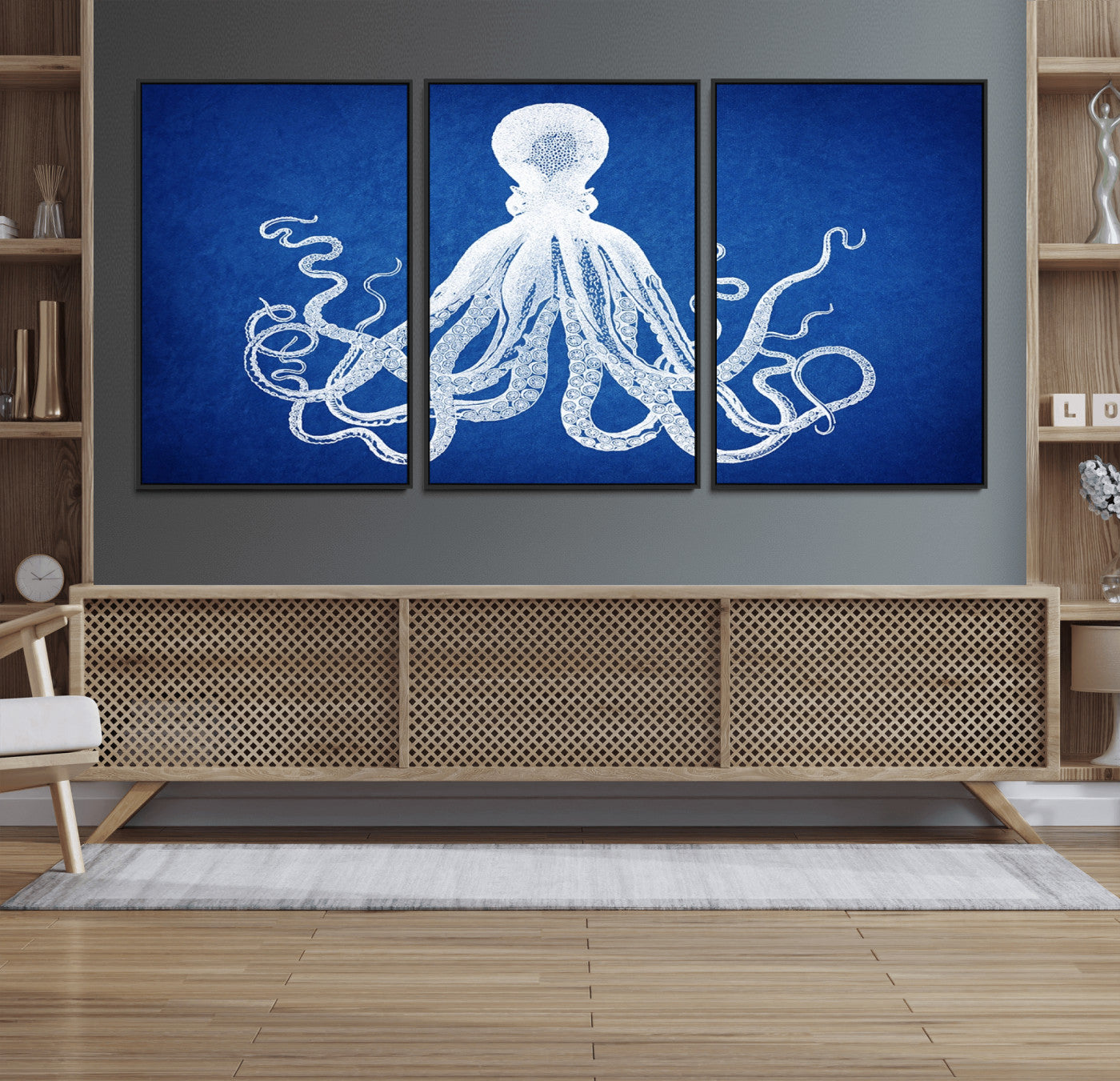 67315-MGV-FC-60X30-3P_Black-Large 3-Panel Blue Octopus Canvas Wall Art | Coastal Marine Life Artwork for Living Room, Bedroom,