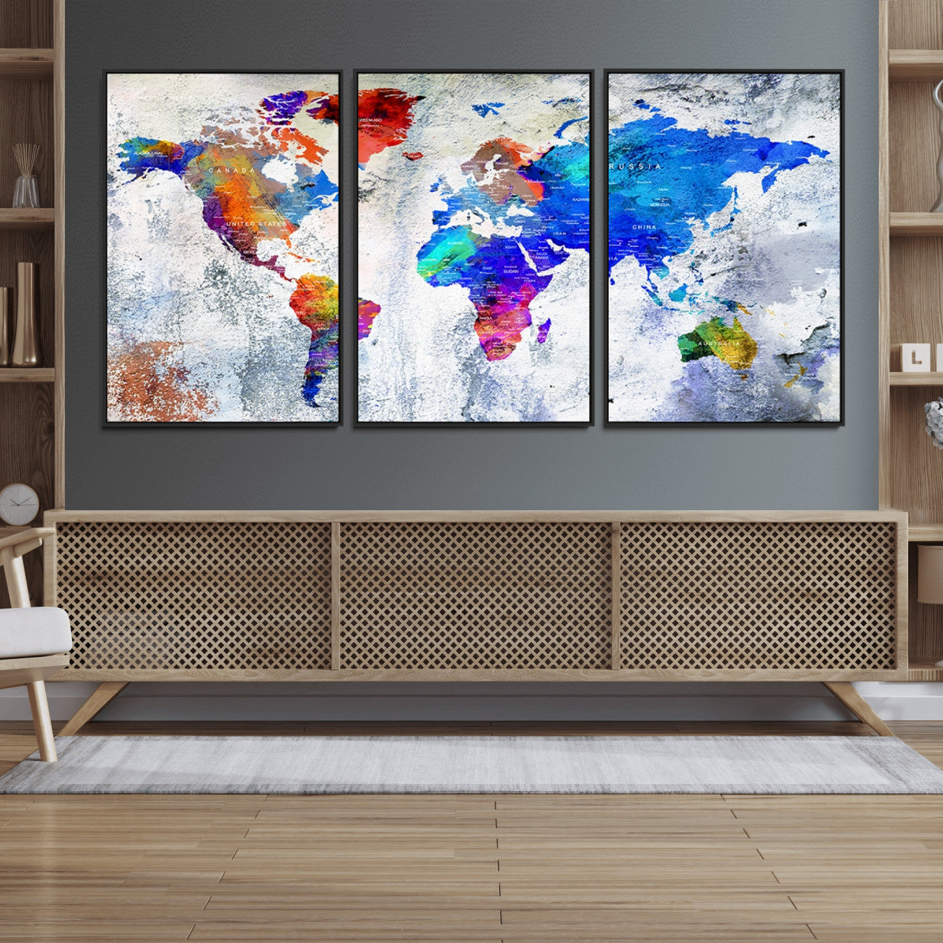 27352-MGV-FC-60X30-3P_Black-World Map Canvas Print – Colorful Abstract Push Pin Travel Map, Framed Wall Art for Home or Office Decor