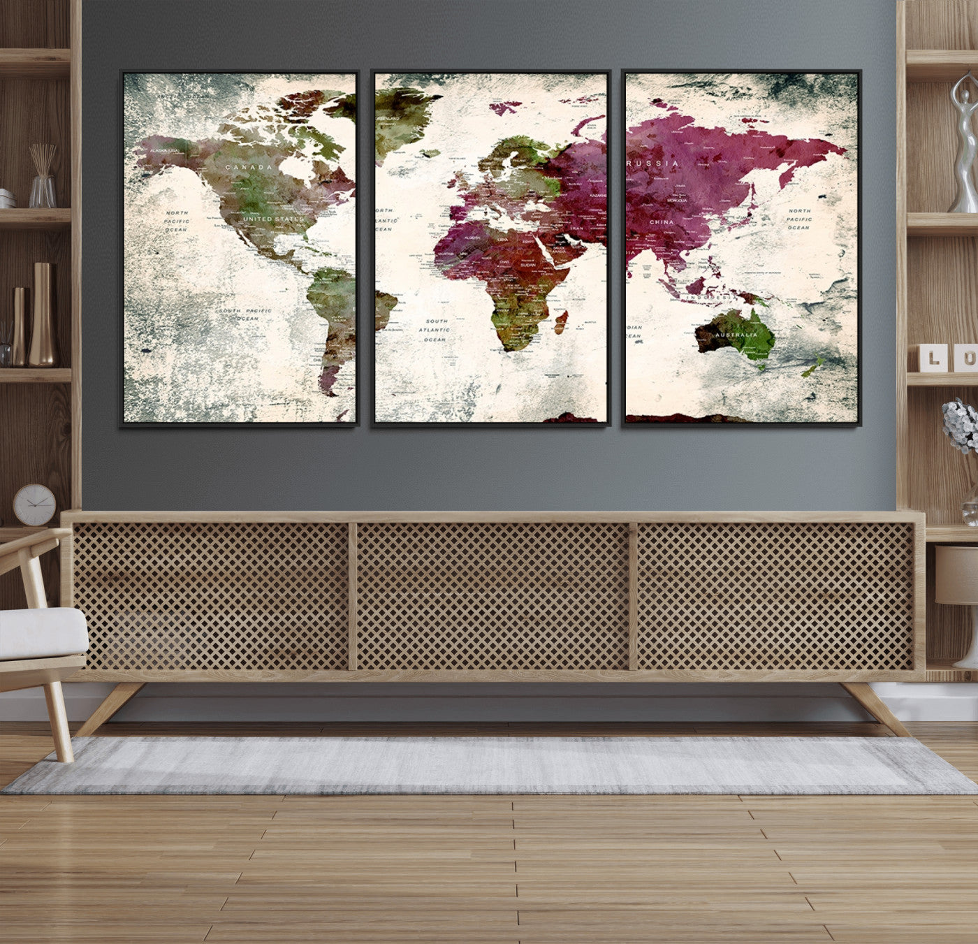 39882-MGV-FC-60X30-3P_Black-Vintage Watercolor Push Pin World Map Canvas – Framed Travel Wall Art for Home and Office Decor