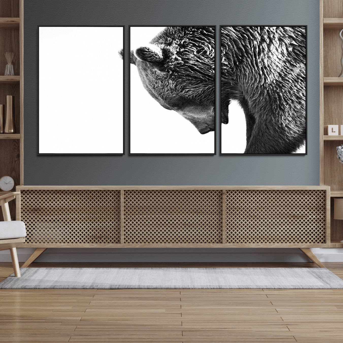 35398-MGV-FC-60X30-3P_Black-Black and White Grizzly 399 Bear Canvas Print Wall Art | Large Wildlife Canvas Print for Living