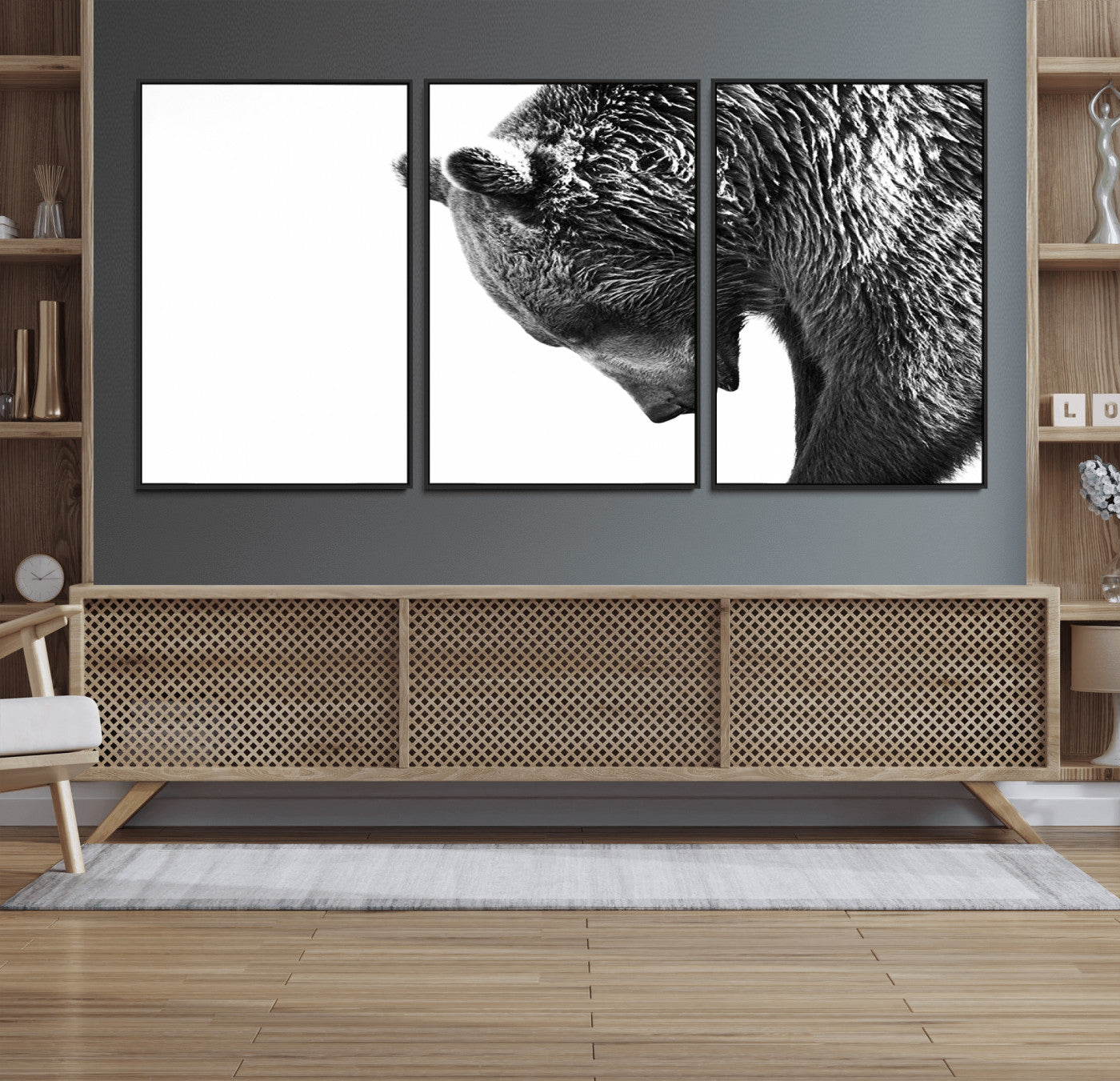 35398-MGV-FC-60X30-3P_Black-Black and White Grizzly 399 Bear Canvas Print Wall Art | Large Wildlife Canvas Print for Living