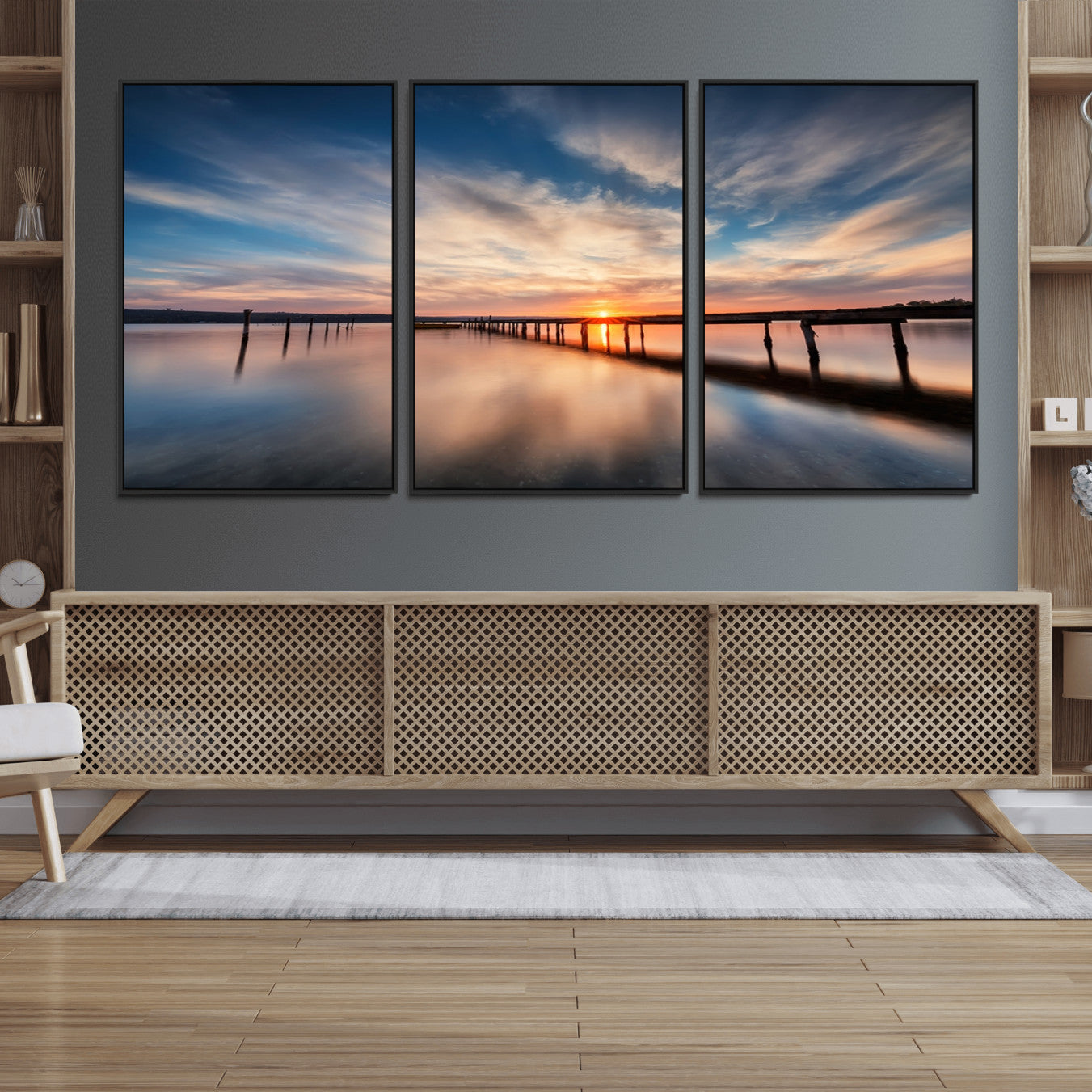 39967-MGV-FC-60X30-3P_Black-Wooden Pier on Seascape and Sunset Wall Art Canvas Print
