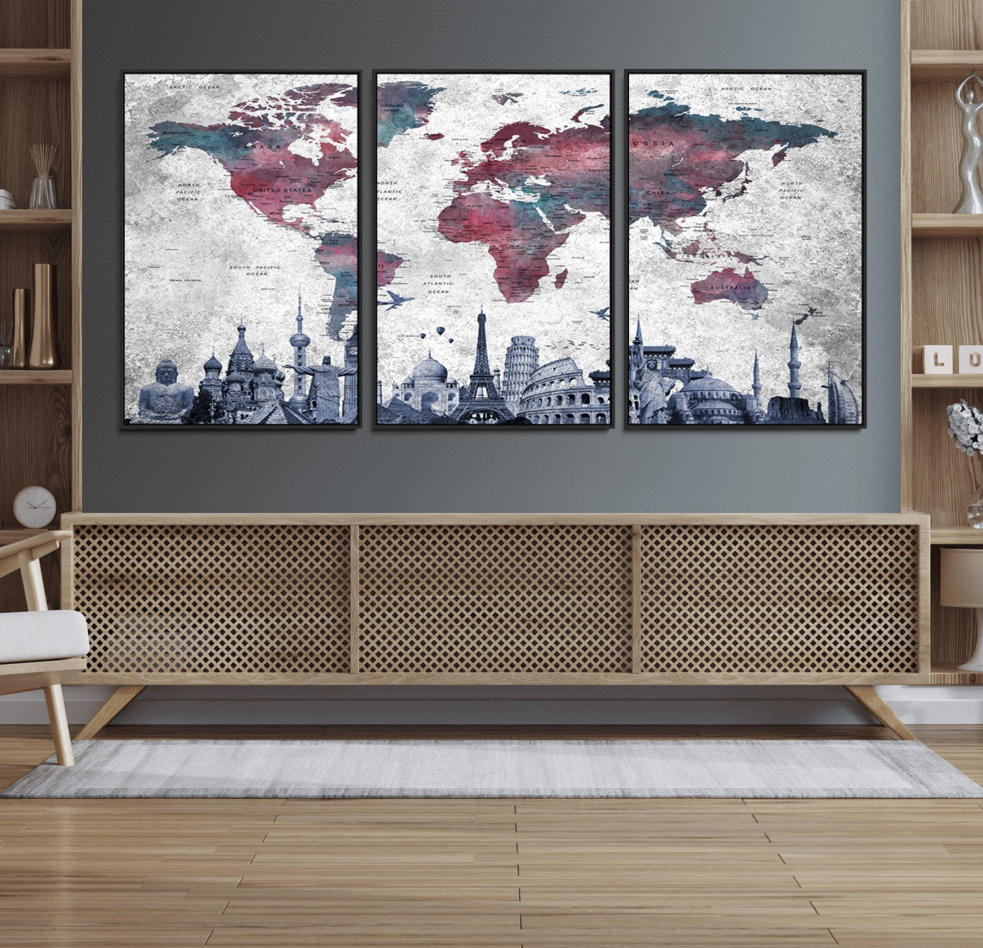 42515-MGV-FC-60X30-3P_Black-World Map Canvas Wall Art with Famous Landmarks – Framed Travel Map Print for Home and Office Decor, Perfect Gift for Travel Lovers