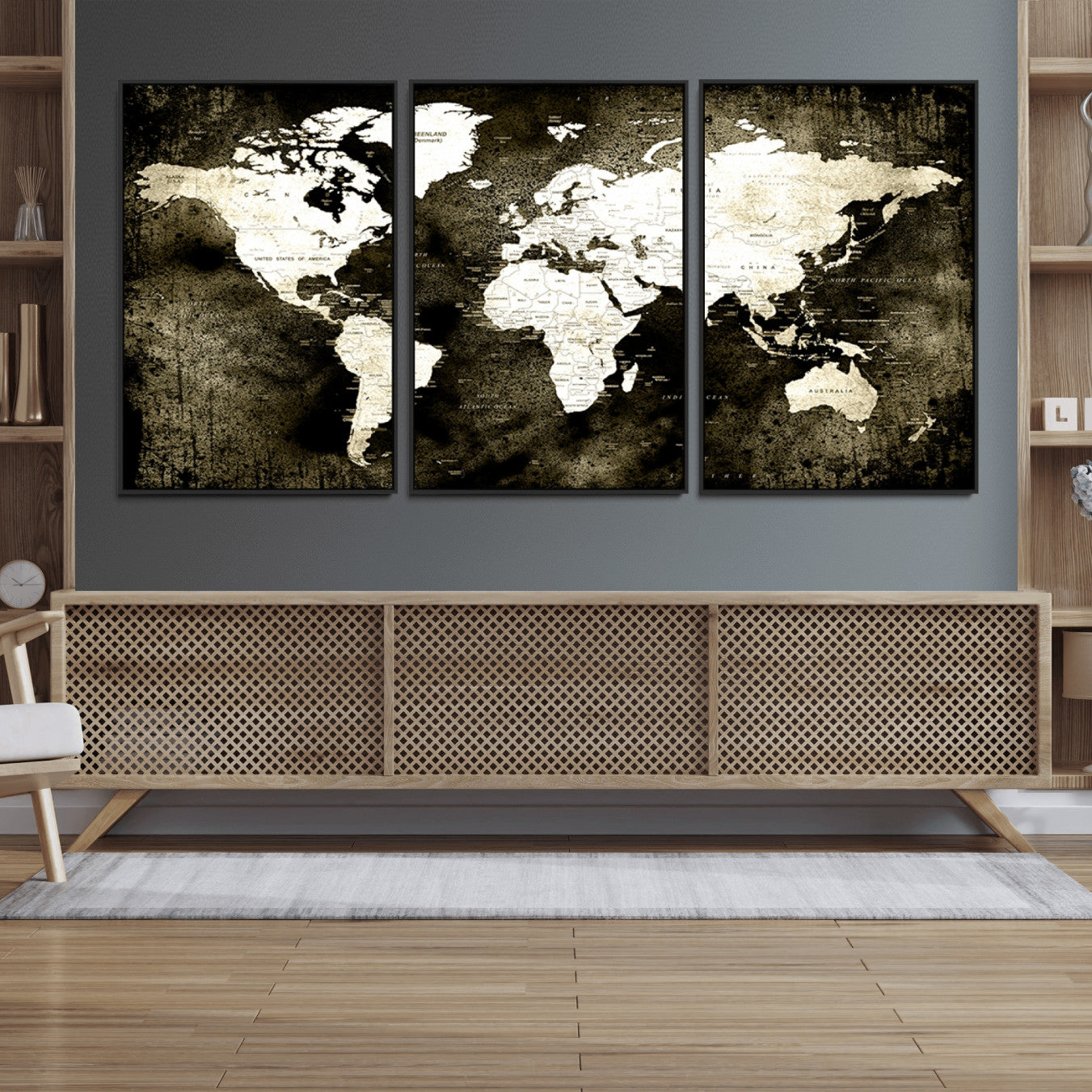 66737-MGV-FC-60X30-3P_Black-Vintage World Map Canvas Wall Art – Framed Push Pin Travel Map for Home and Office Decor, Rustic Wall Artwork for Travelers