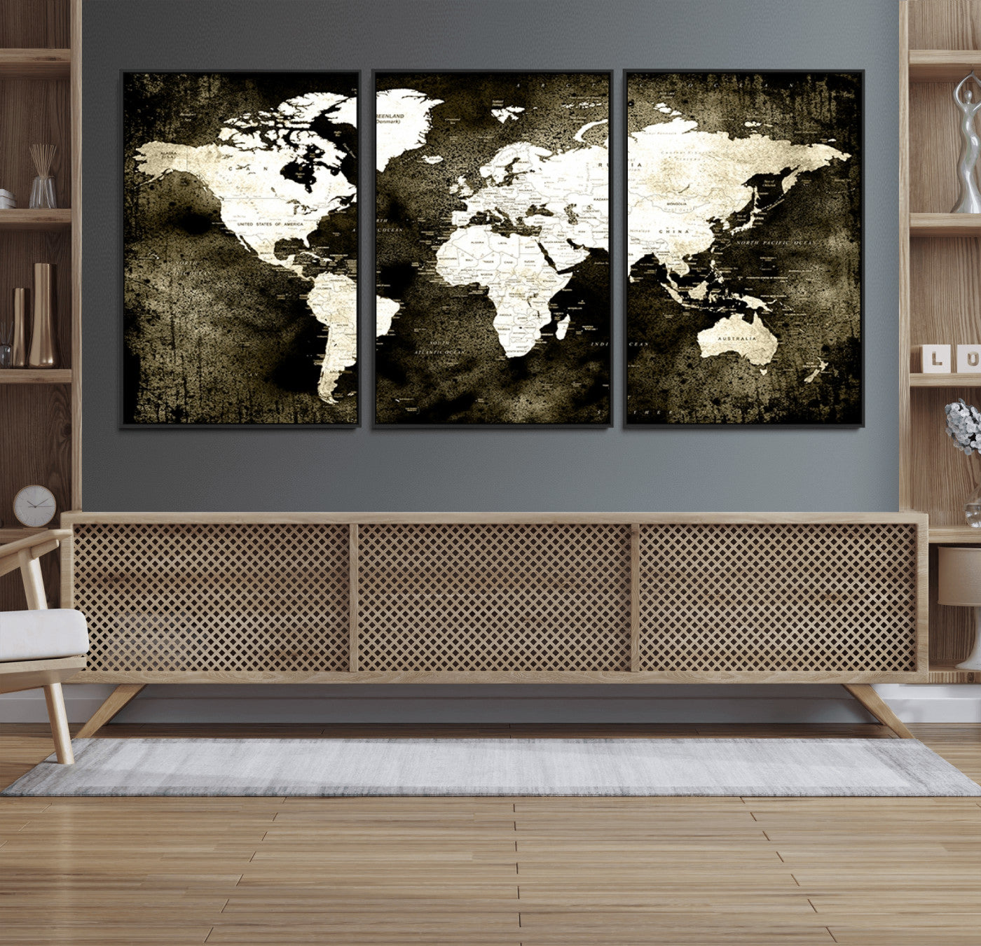 66737-MGV-FC-60X30-3P_Black-Vintage World Map Canvas Wall Art – Framed Push Pin Travel Map for Home and Office Decor, Rustic Wall Artwork for Travelers