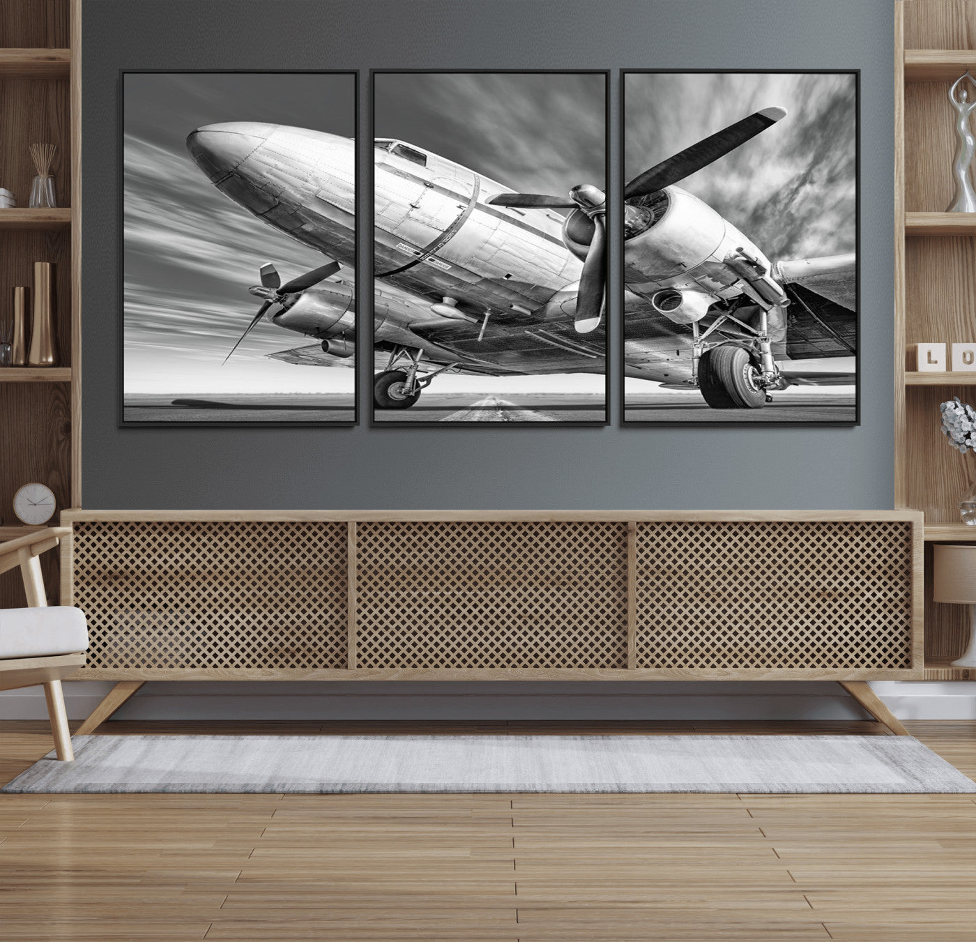 82744-MGV-FC-60X30-3P_Black-Vintage Airplane on Runway Canvas Print