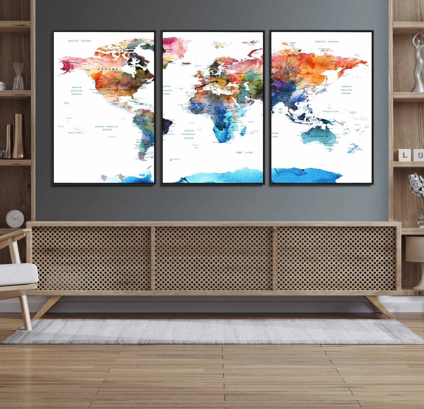 11576-MGV-FC-60X30-3P_Black-Vibrant Watercolor World Map Canvas Wall Art – Framed Push Pin Travel Map for Home and Office Decor, Modern Colorful Wall Artwork