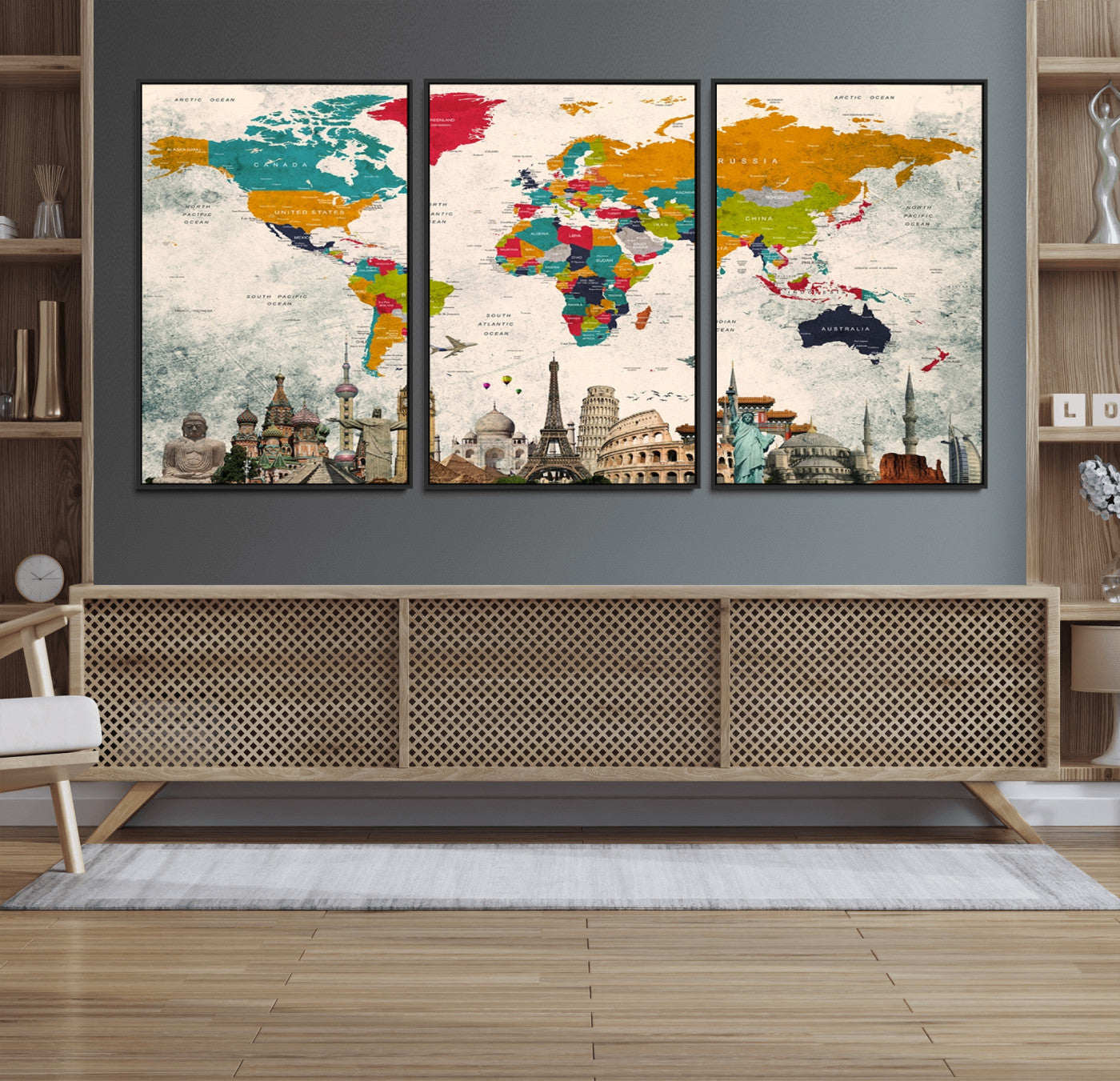 98056-MGV-FC-60X30-3P_Black-Colorful World Map Canvas Wall Art with Landmarks – Framed Travel Map Print for Home and Office Decor, Perfect Gift for Travel Lovers