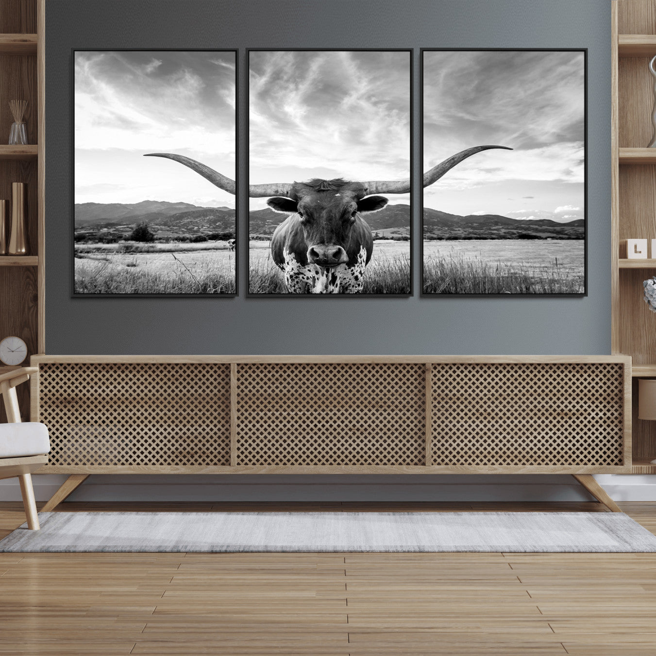 79527-MGV-FC-60X30-3P_Black-Longhorn Black and White Wall Art – Rustic Western Bull Canvas Print, Farmhouse Country Decor for Living Room, Office or Ranch, Cowboy Wall Artwork