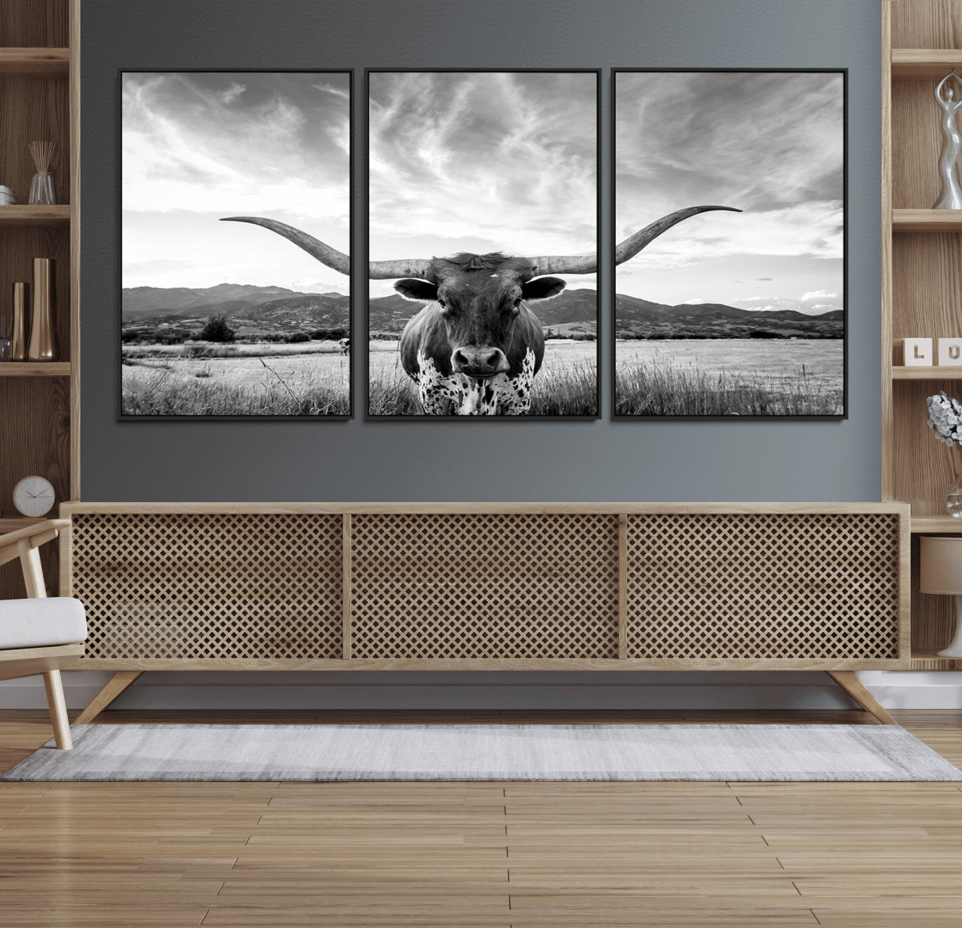 79527-MGV-FC-60X30-3P_Black-Longhorn Black and White Wall Art – Rustic Western Bull Canvas Print, Farmhouse Country Decor for Living Room, Office or Ranch, Cowboy Wall Artwork