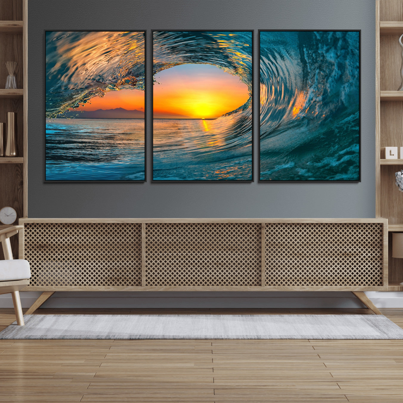 84279-MGV-CV-36X24-Ocean Wave Sunset Wall Art | Large Coastal Wave Canvas Print | 3-Panel Ocean Sunset Seascape for