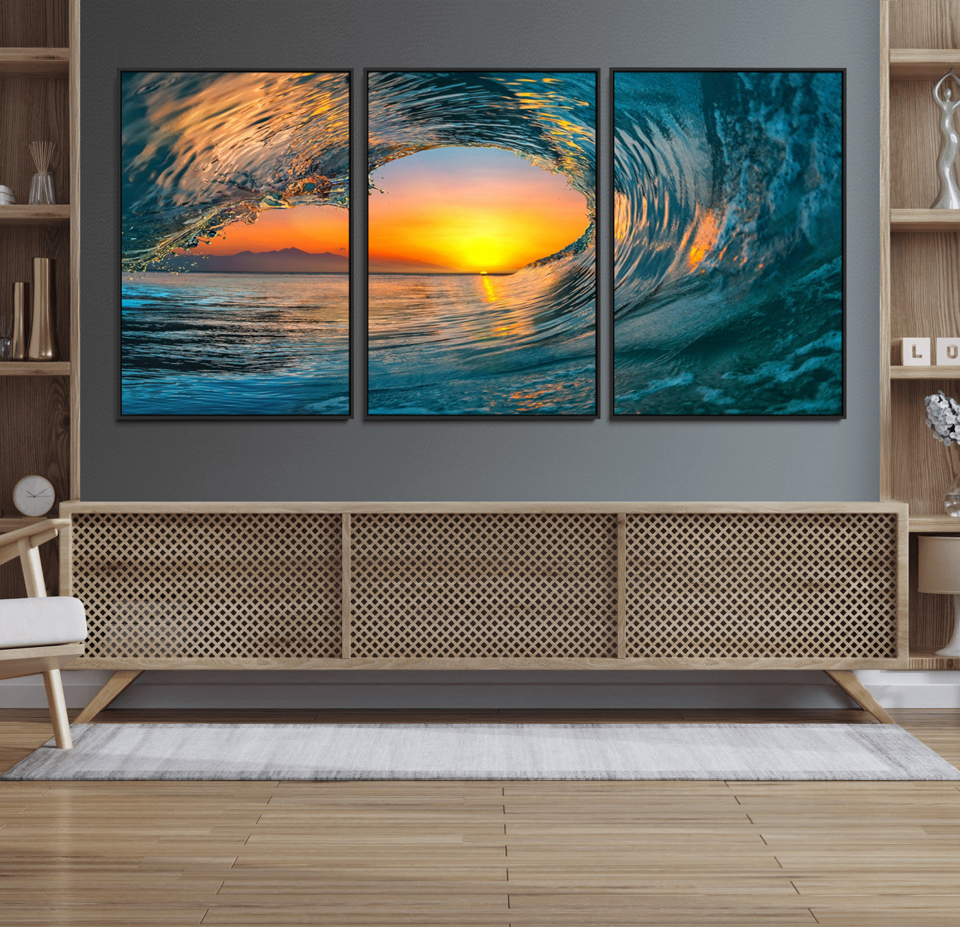 84279-MGV-CV-36X24-Ocean Wave Sunset Wall Art | Large Coastal Wave Canvas Print | 3-Panel Ocean Sunset Seascape for