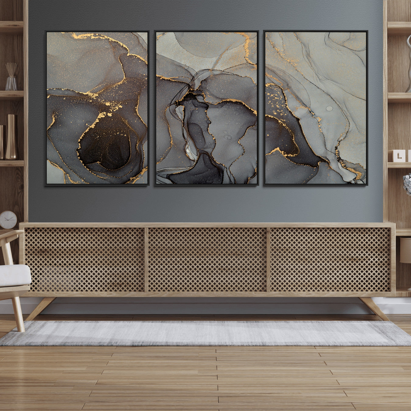 16762-MGV-FC-60X30-3P_Black-Gray Marble Fluid Wall Art – Modern Abstract Canvas Print with Elegant Flowing Patterns, Minimalist Luxury Decor for Living Room, Office, or Bedroom