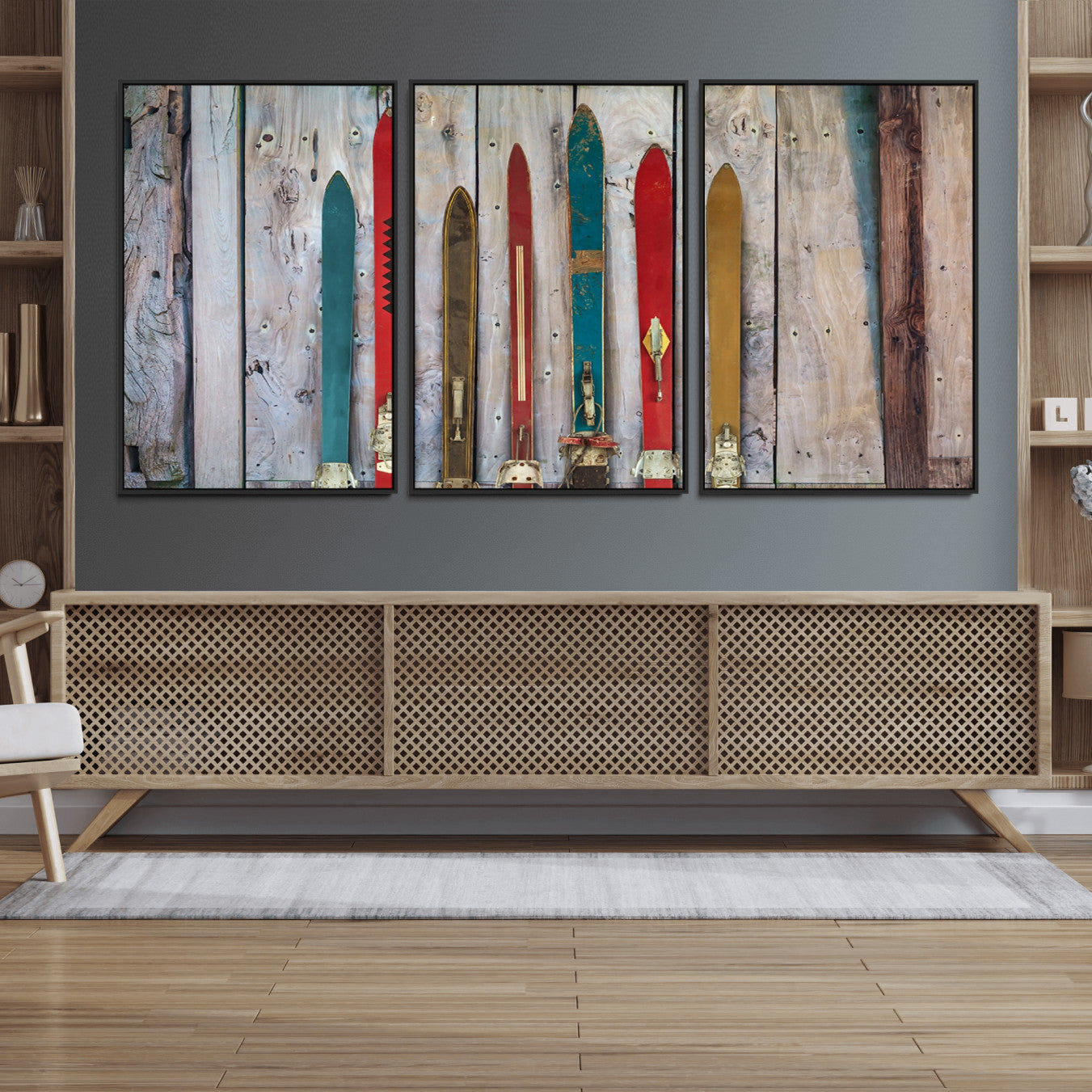 30640-MGV-FC-60X30-3P_Black-Vintage Wooden Weathered Ski's in Front of an Old Barn Wall Art Canvas Print for Farmhouse, Cabin