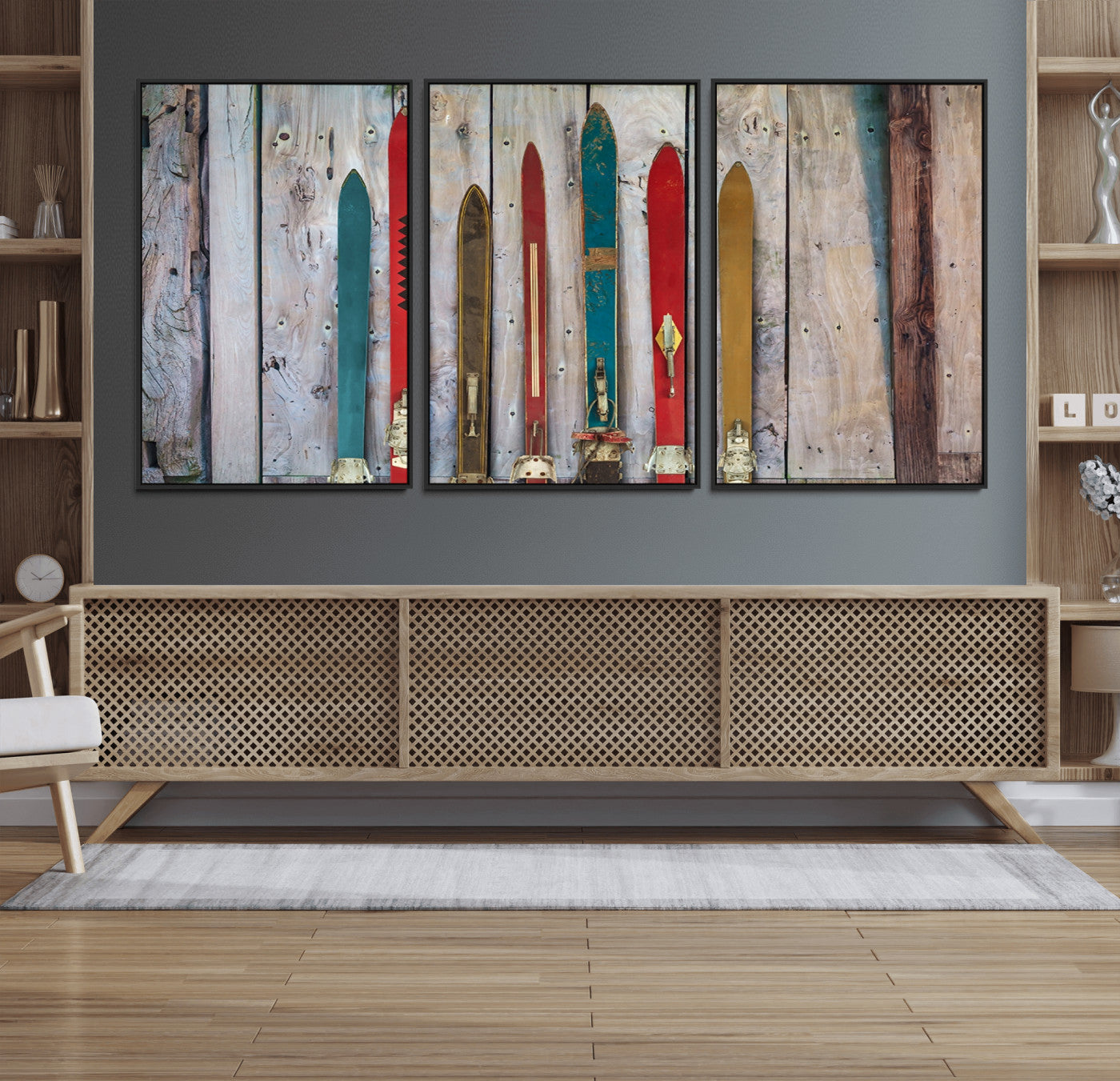 30640-MGV-FC-60X30-3P_Black-Vintage Wooden Weathered Ski's in Front of an Old Barn Wall Art Canvas Print for Farmhouse, Cabin