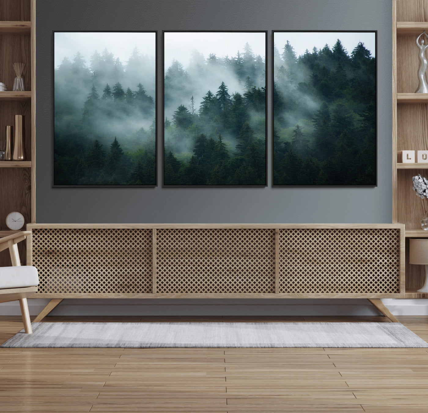 73410-MGV-FC-60X30-3P_Black-Misty Forest Wall Art – Serene Green Landscape Canvas Print, Nature-Inspired Woodland Decor for Living Room or Office
