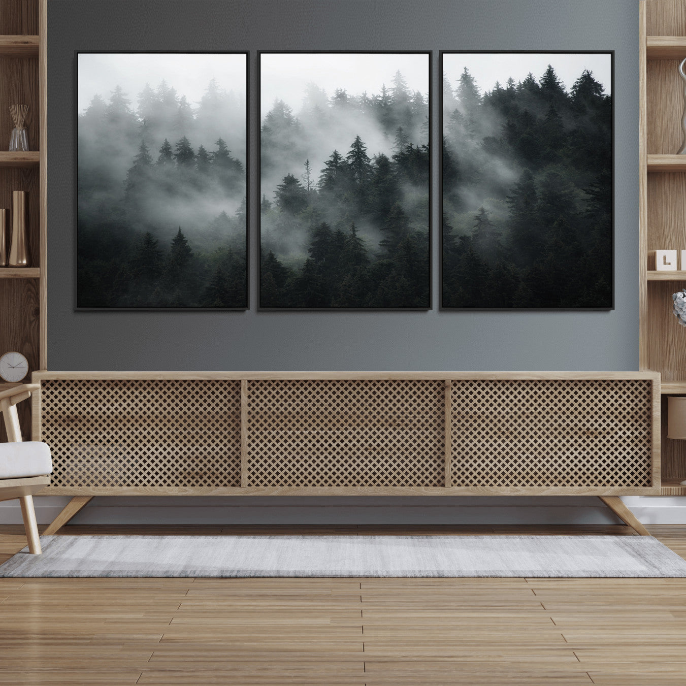 52359-MGV-FC-60X30-3P_Black-Foggy Forest Wall Art Canvas Print | 3 Panel Large Misty Landscape for Dining Room, Office, or