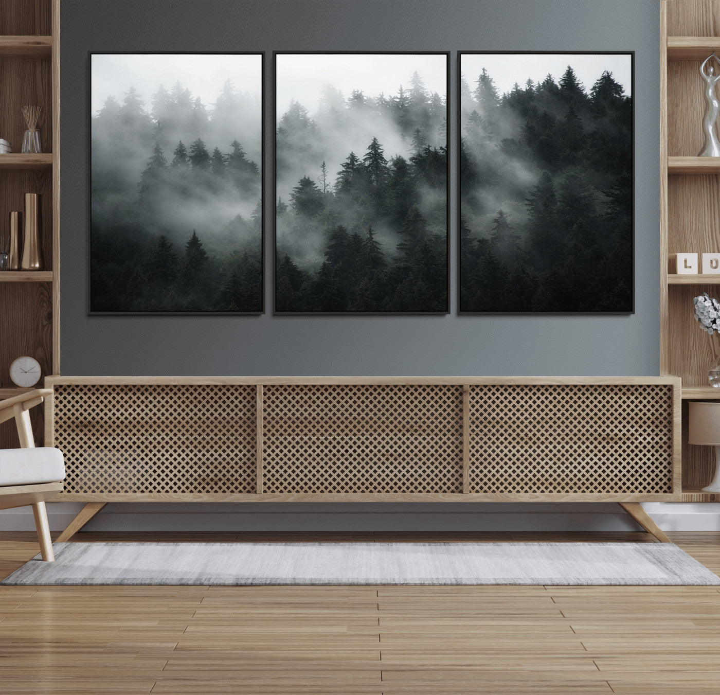 52359-MGV-FC-60X30-3P_Black-Foggy Forest Wall Art Canvas Print | 3 Panel Large Misty Landscape for Dining Room, Office, or